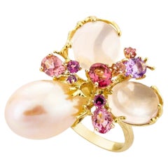 Bagues Romance Divine en or jaune 18 carats, perle et quartz rose - EU54