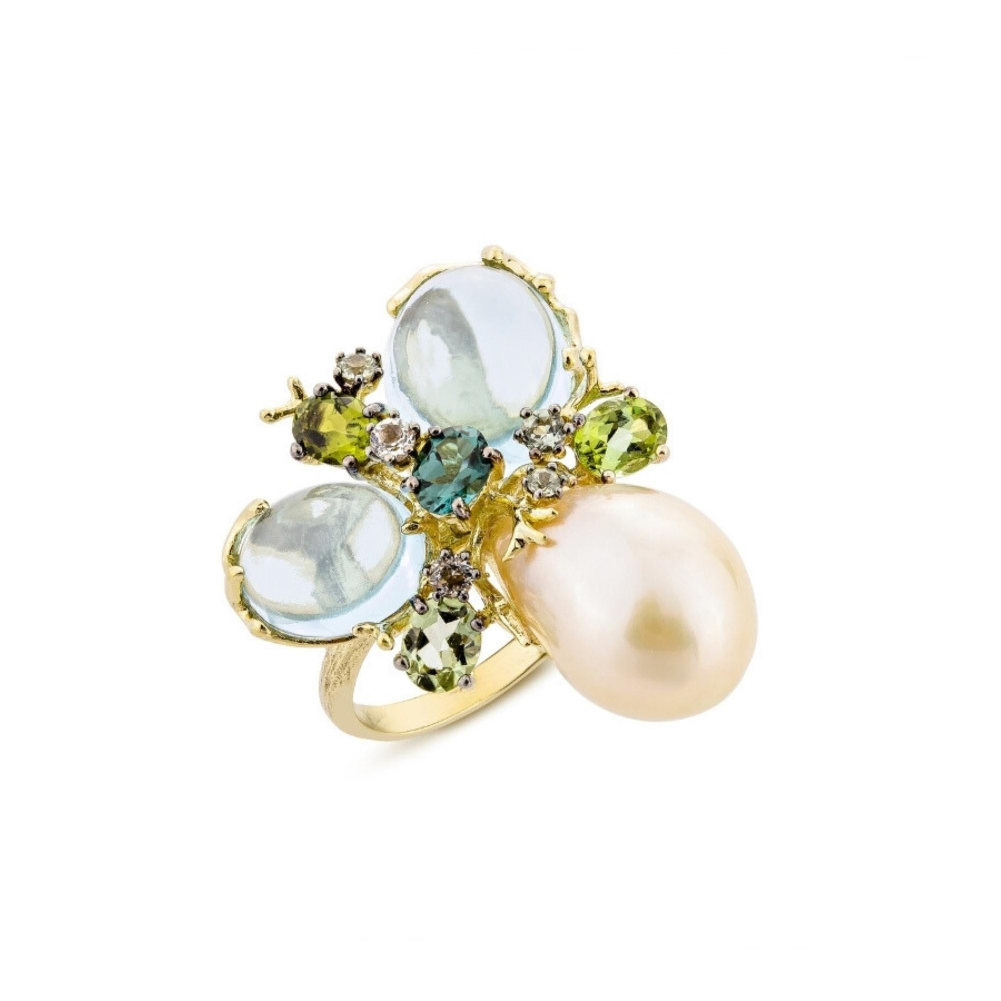 Bague Romance Divine en or jaune 18 carats, perle et topazes – EU56  In New Condition For Sale In OUISTREHAM, FR