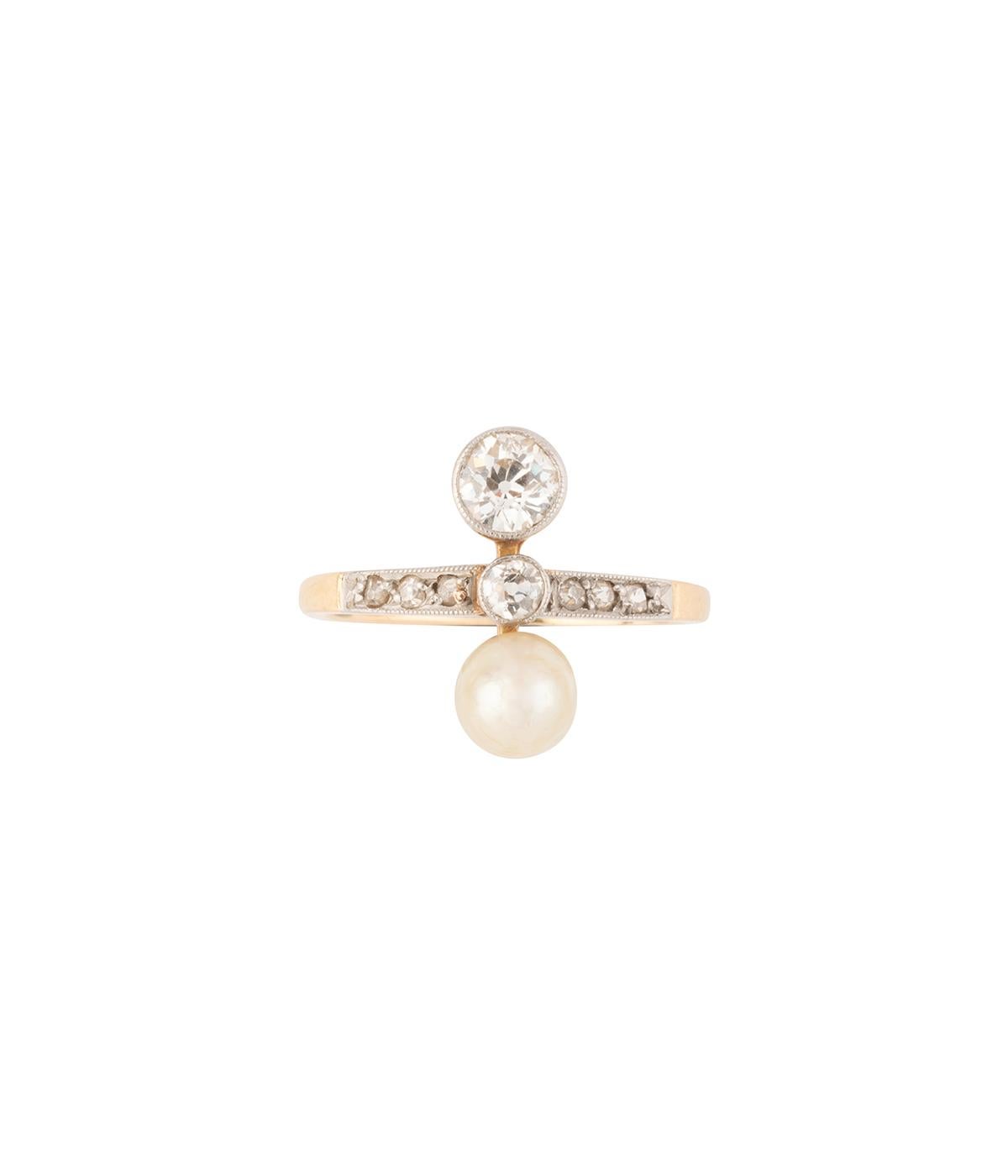 Bague Toi et Moi en perle et diamant de la fin du 19ème siècle For Sale 1