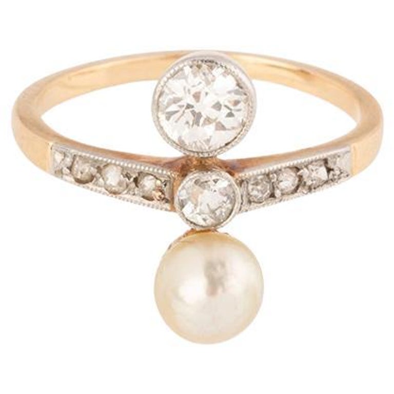 Bague Toi et Moi en perle et diamant de la fin du 19ème siècle en