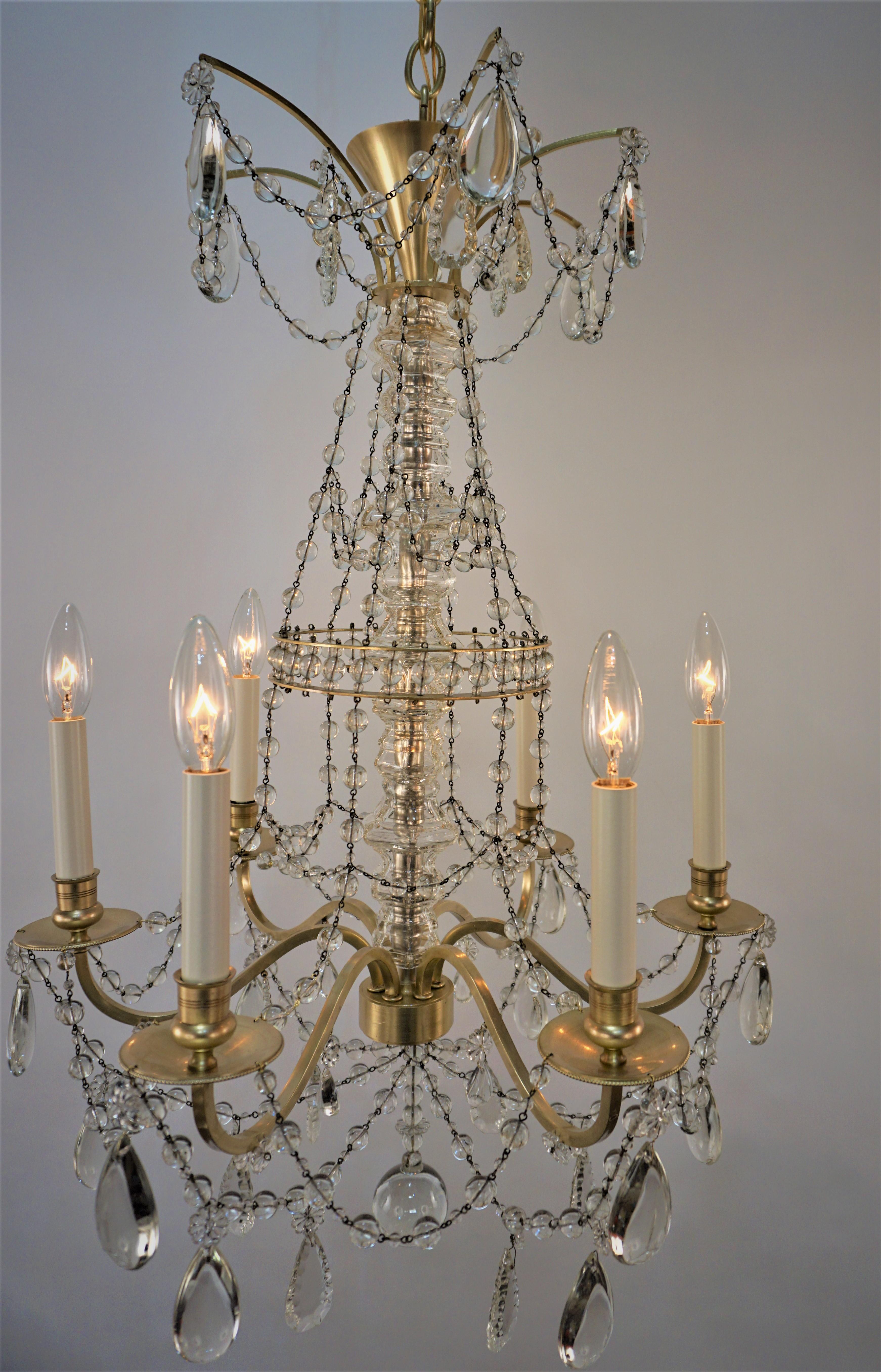 Superb crystal chandelier, crafted in France in 1930s by famous lighting company Bagues. Elegant design six light crystal and bronze chandelier.
Professionally rewired and ready for installation.
Measurement: width 27