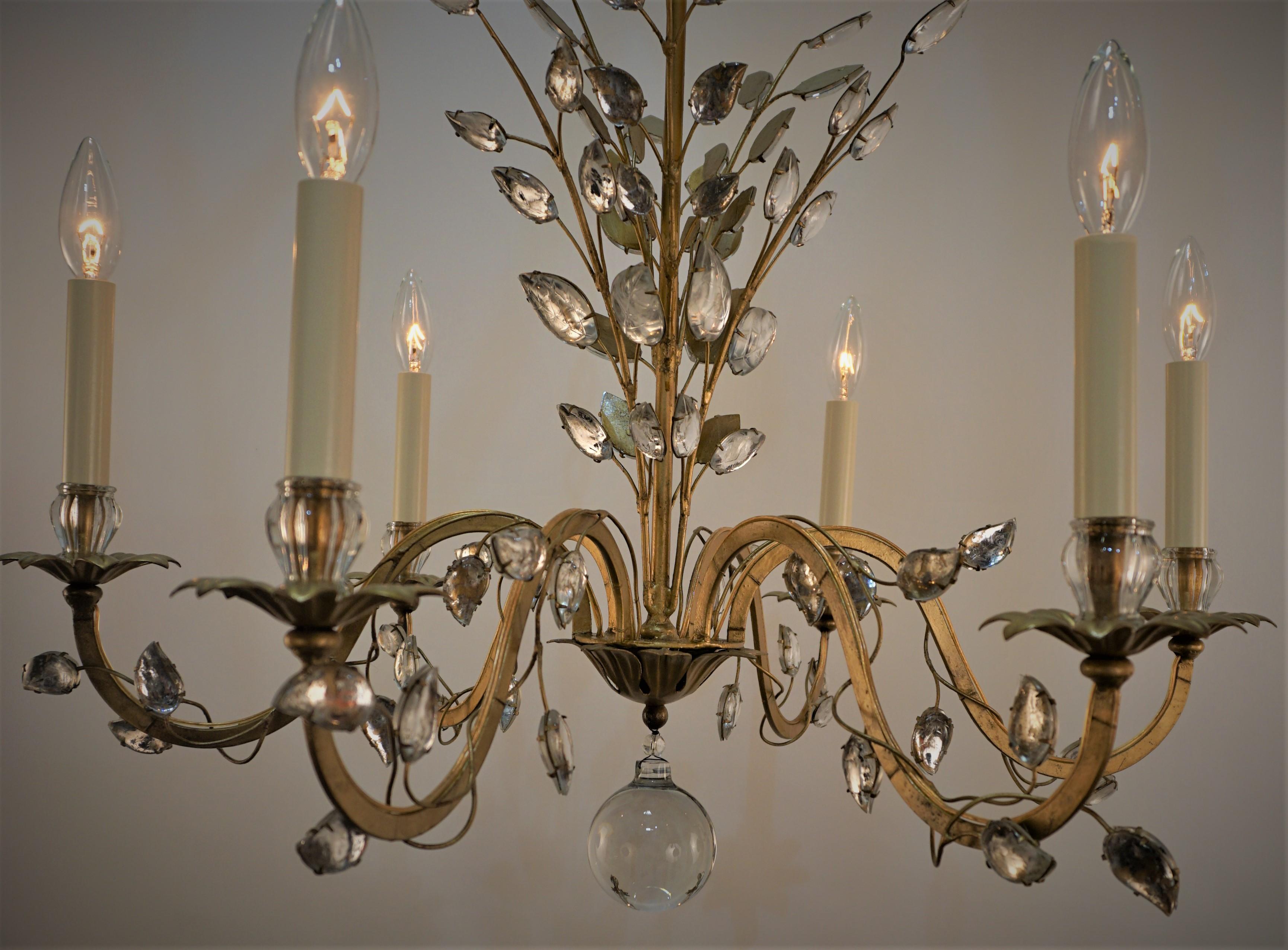 French Bagues 1950's Crystal and Gilt Metal Chandelier For Sale
