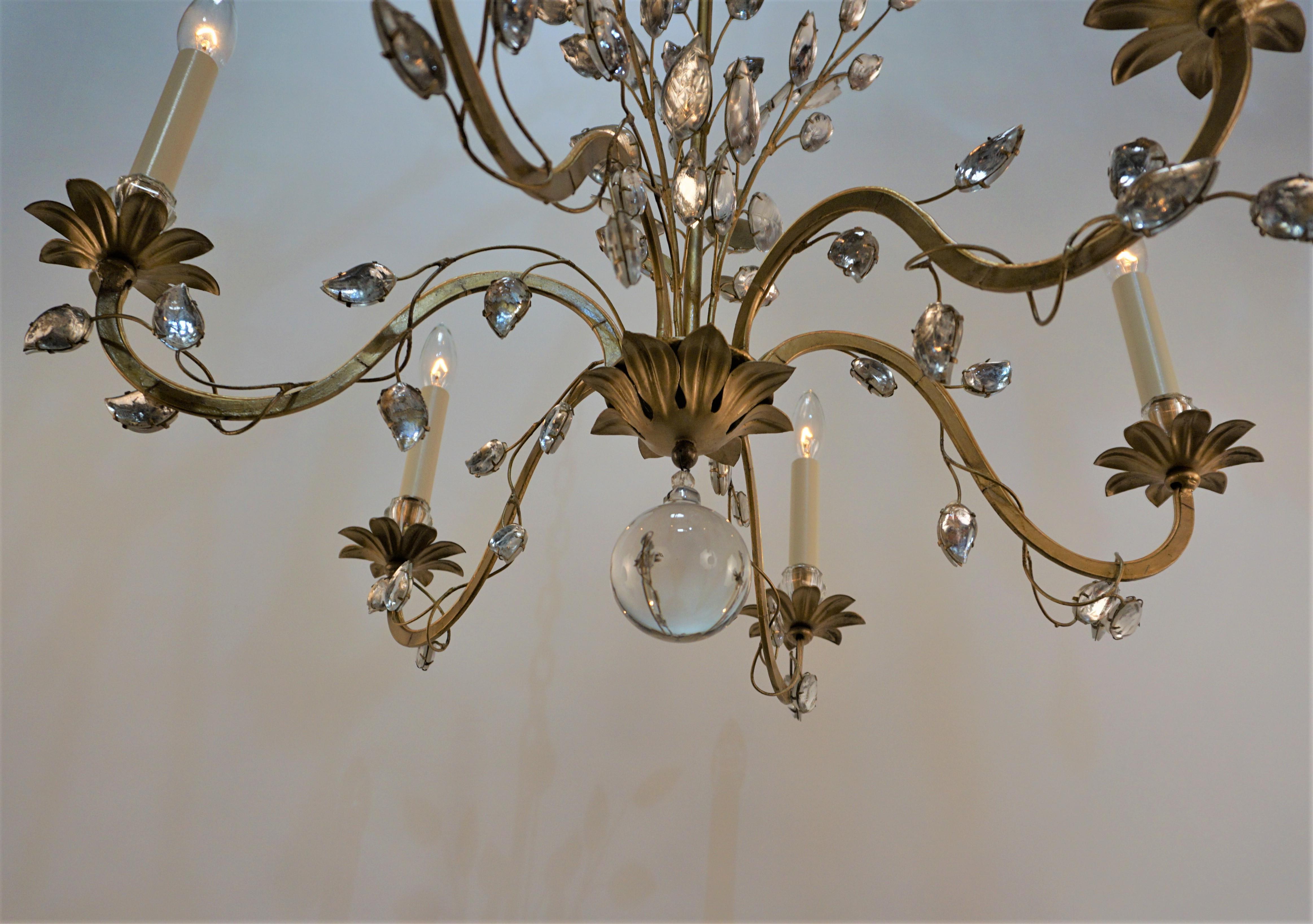 Bagues 1950's Crystal and Gilt Metal Chandelier For Sale 2