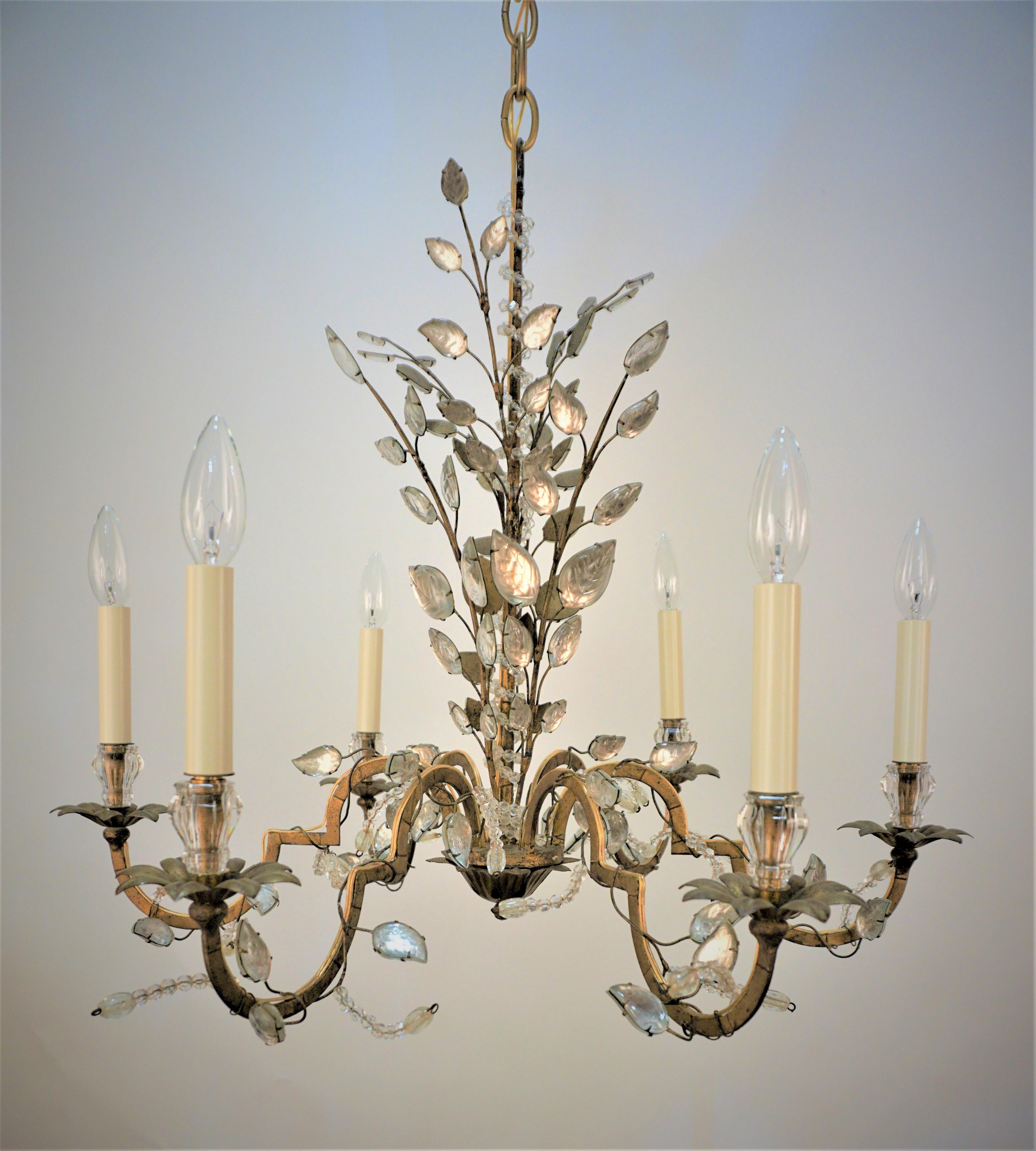 Bagues 1950's Crystal and Gilt Metal Chandelier 4