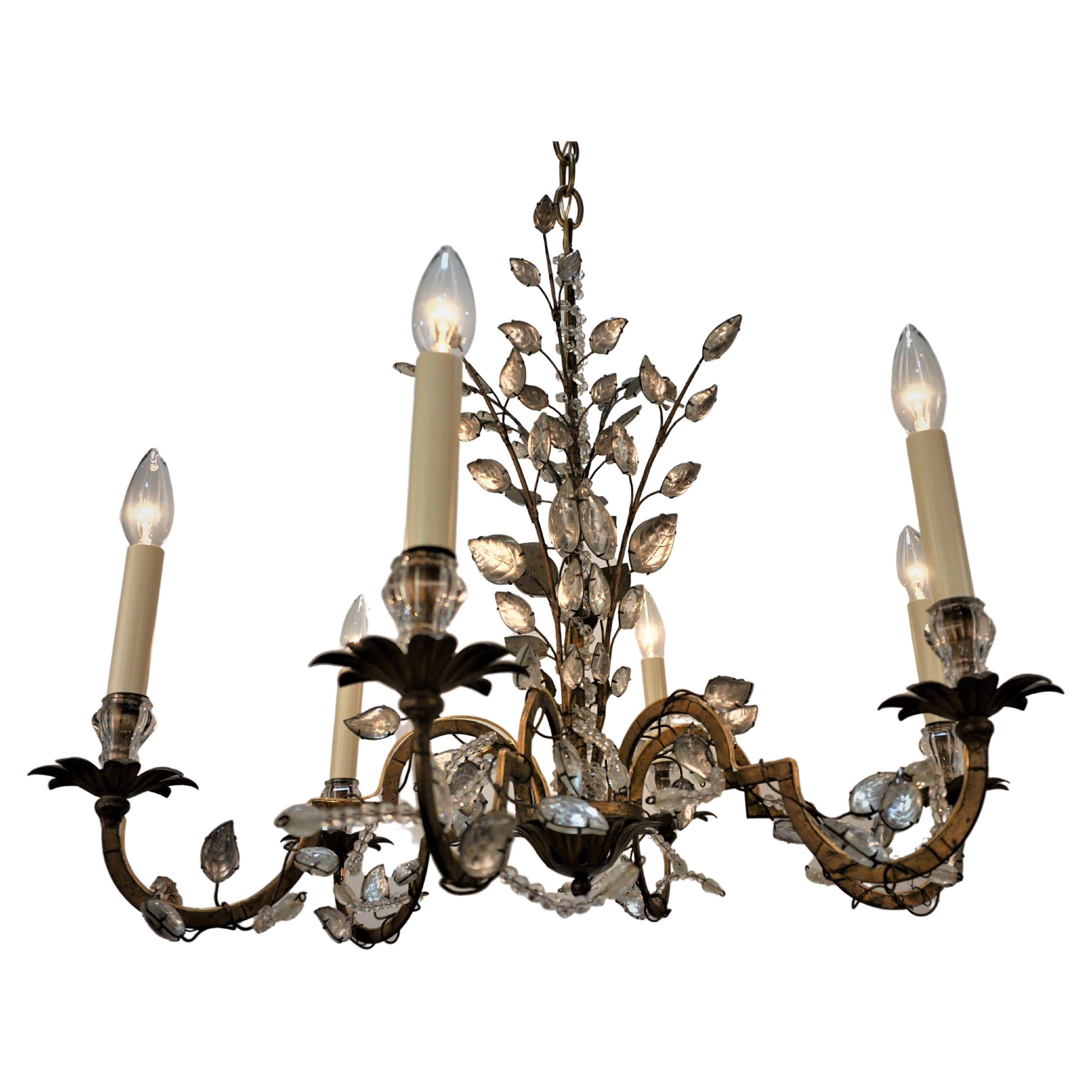 Bagues 1950's Crystal and Gilt Metal Chandelier