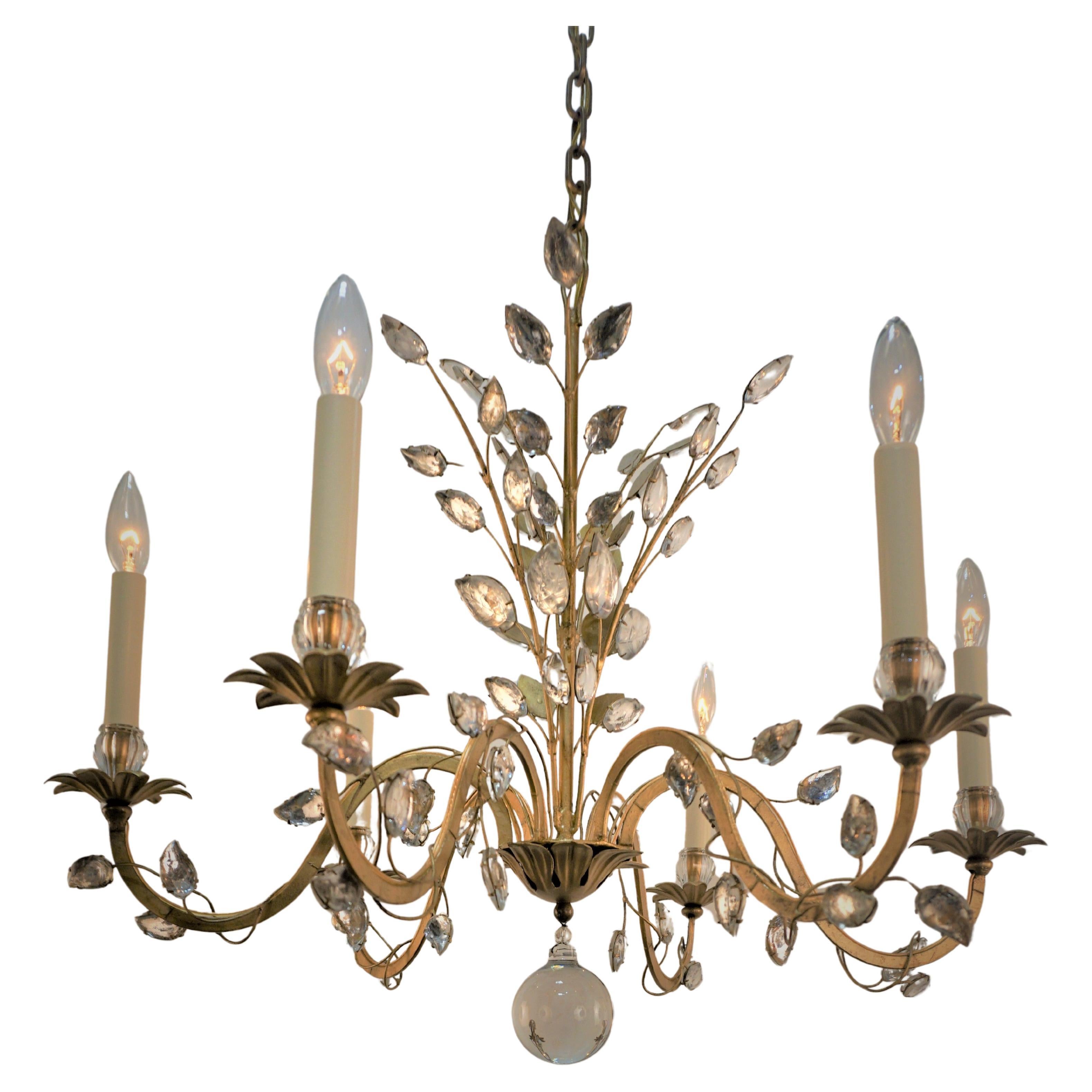 Bagues 1950's Crystal and Gilt Metal Chandelier For Sale