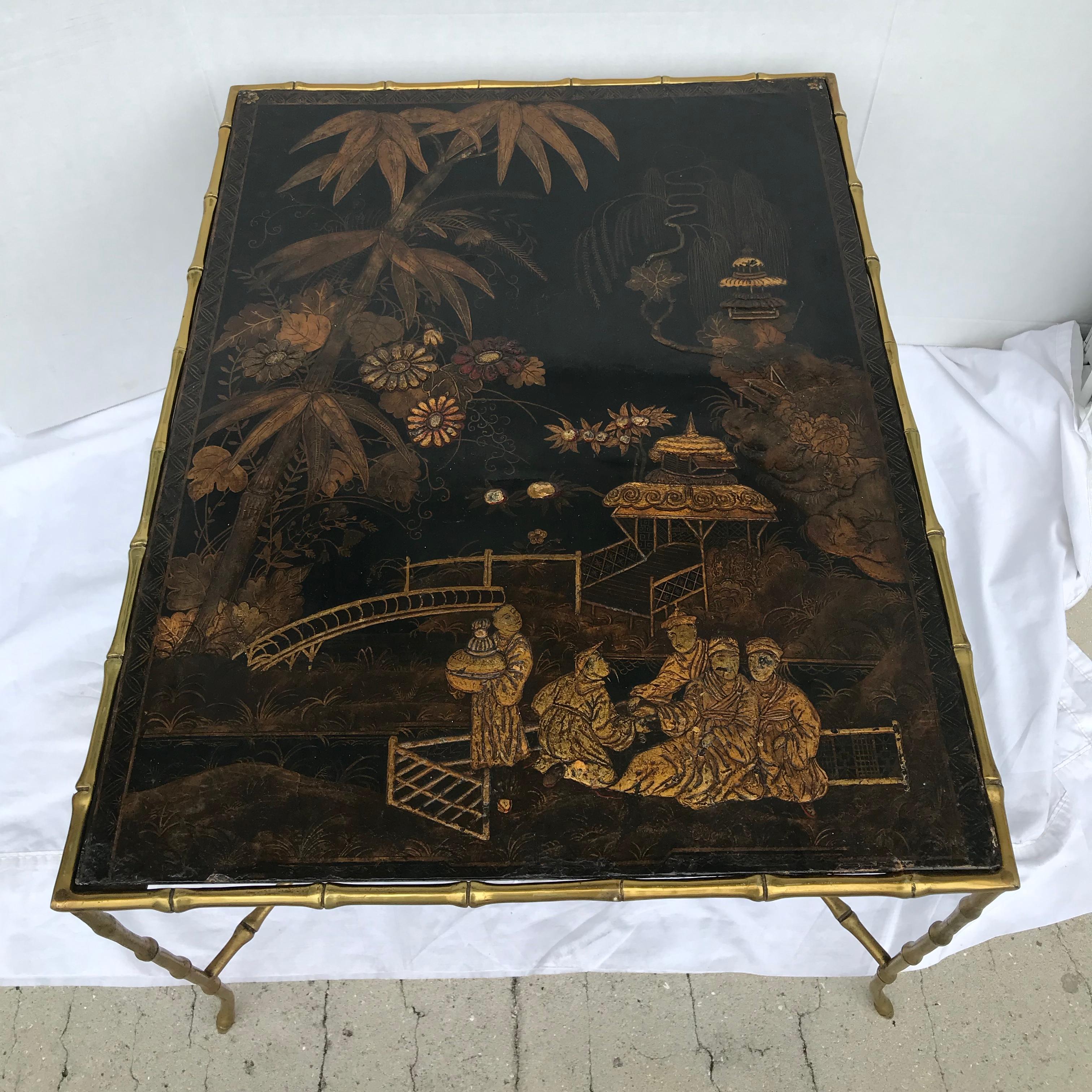 Fashioned from an 18th century chinoiserie panel and surrounded with a gilt metal
faux bamboo frame work by the iconic Parisian firm.
A rare and spectacular form.