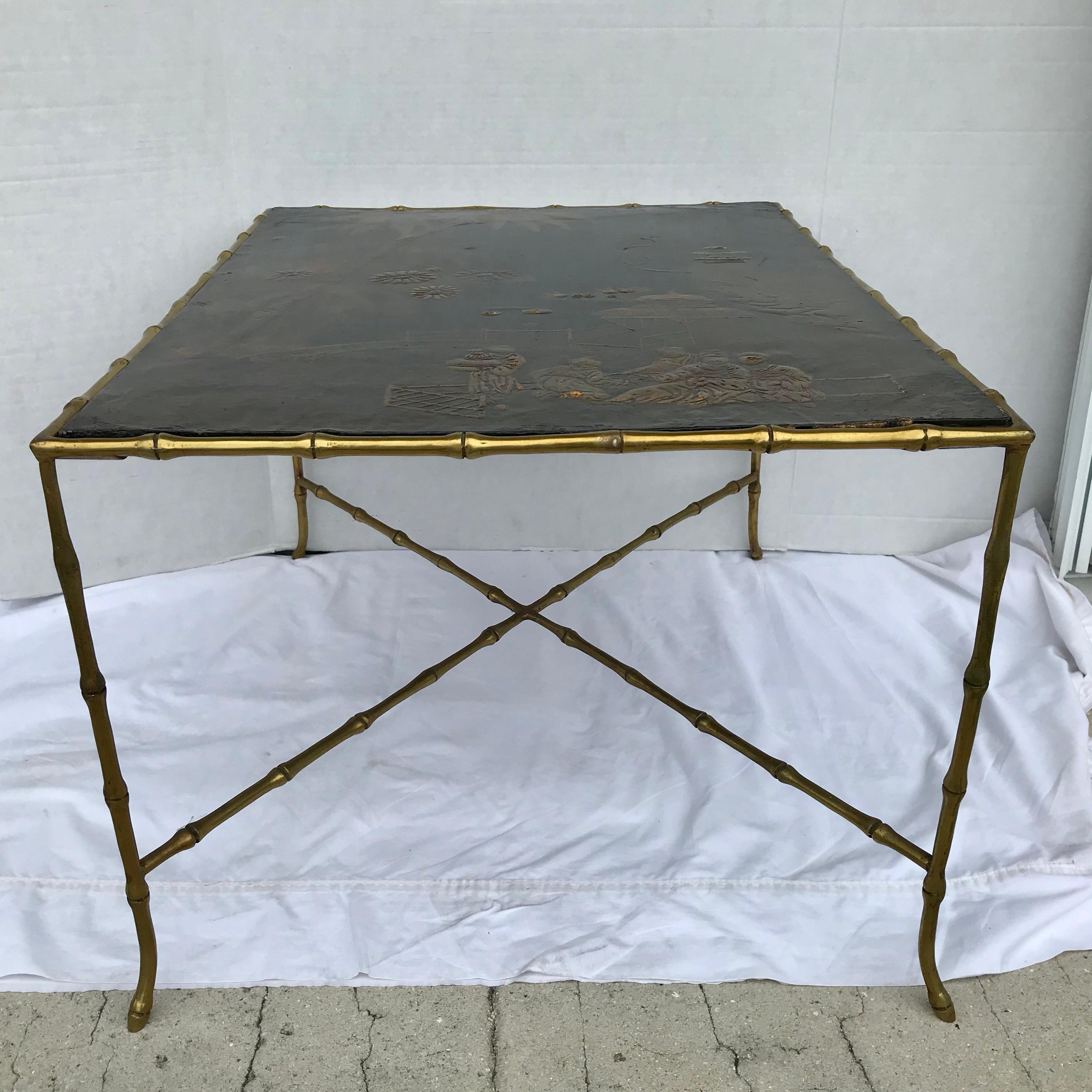 French Baguès Chinoiserie and Gilt Faux Bamboo Coffee Table