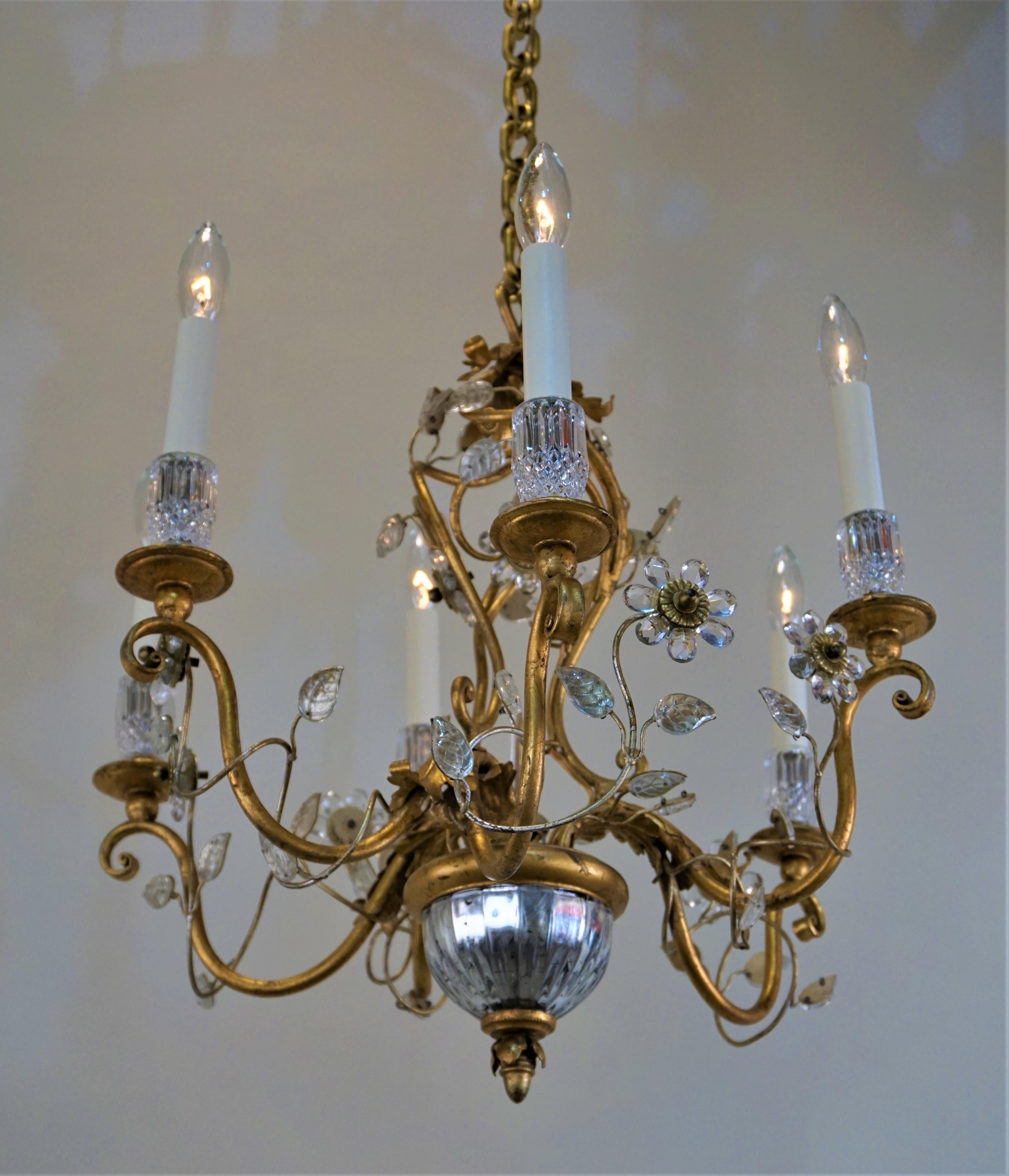 Superb handcrafted Maison Baguès crystal and gilded six-light chandelier. Decorated with crystal beads and flowers design.
Body is21