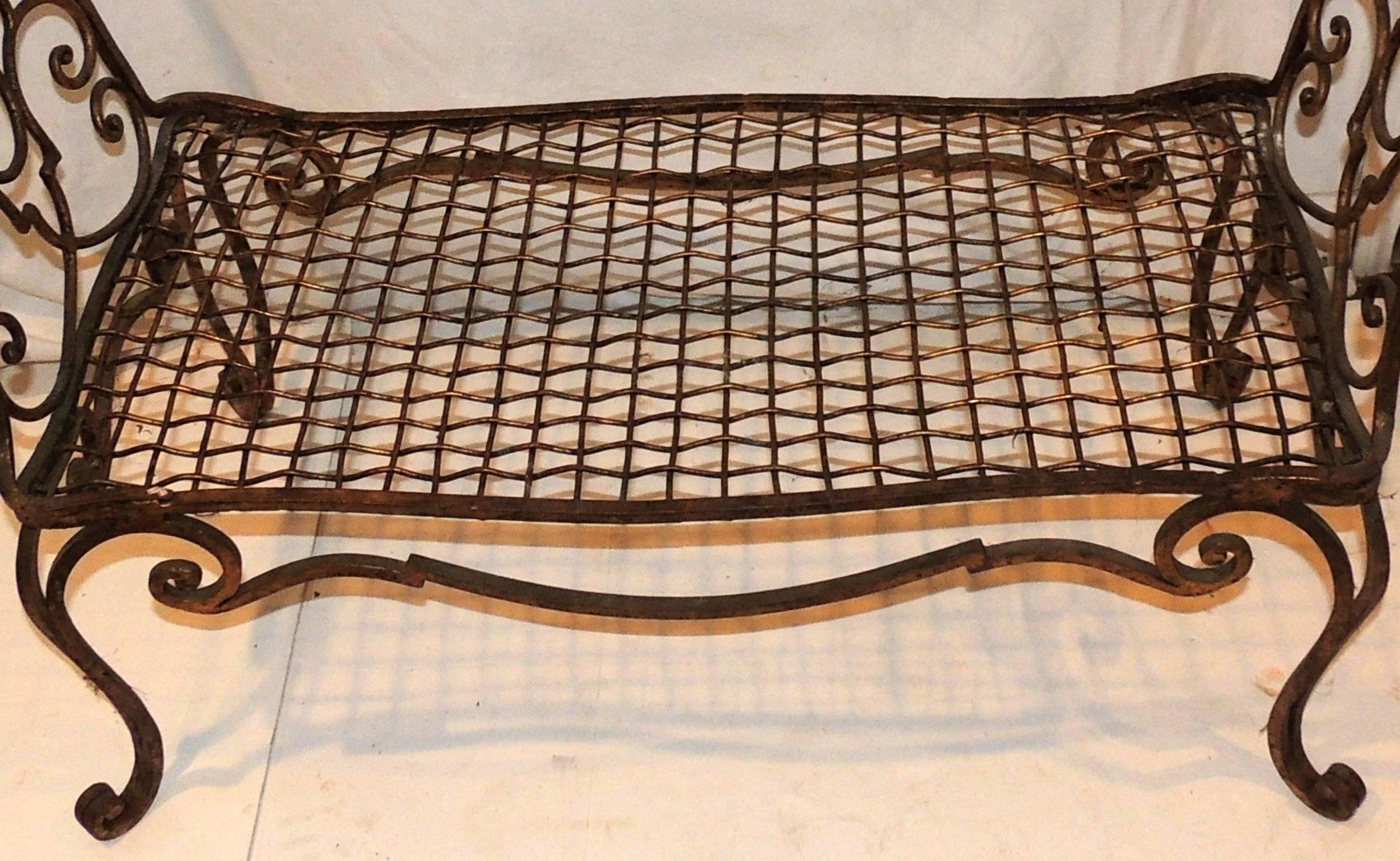 Belle Époque Baguès French Jean Charles Gold Gilt Wrought Iron Bench Lattice Scroll Arms