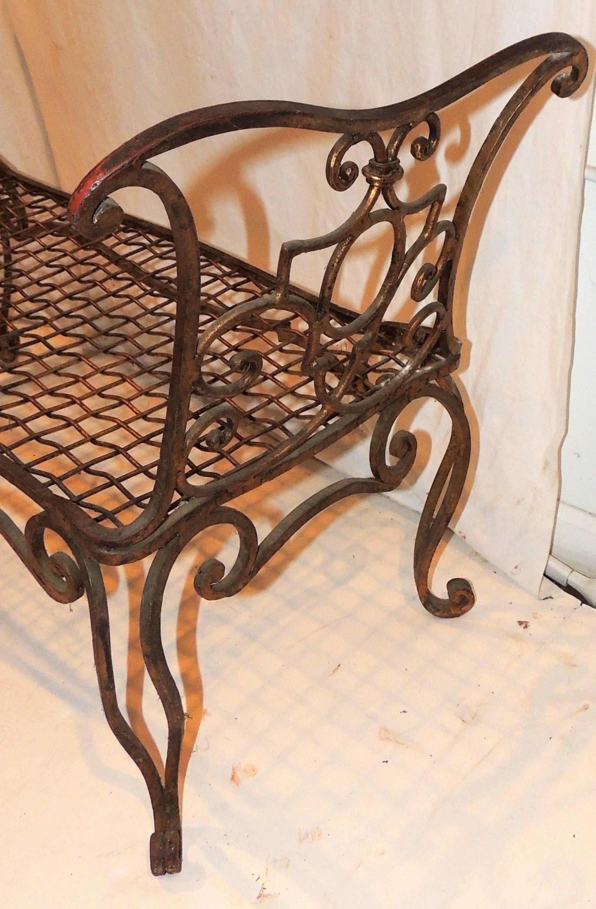 Mid-20th Century Baguès French Jean Charles Gold Gilt Wrought Iron Bench Lattice Scroll Arms