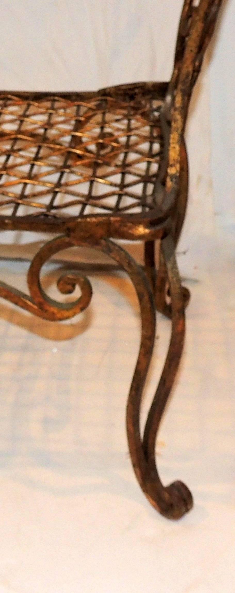 Baguès French Jean Charles Gold Gilt Wrought Iron Bench Lattice Scroll Arms 1