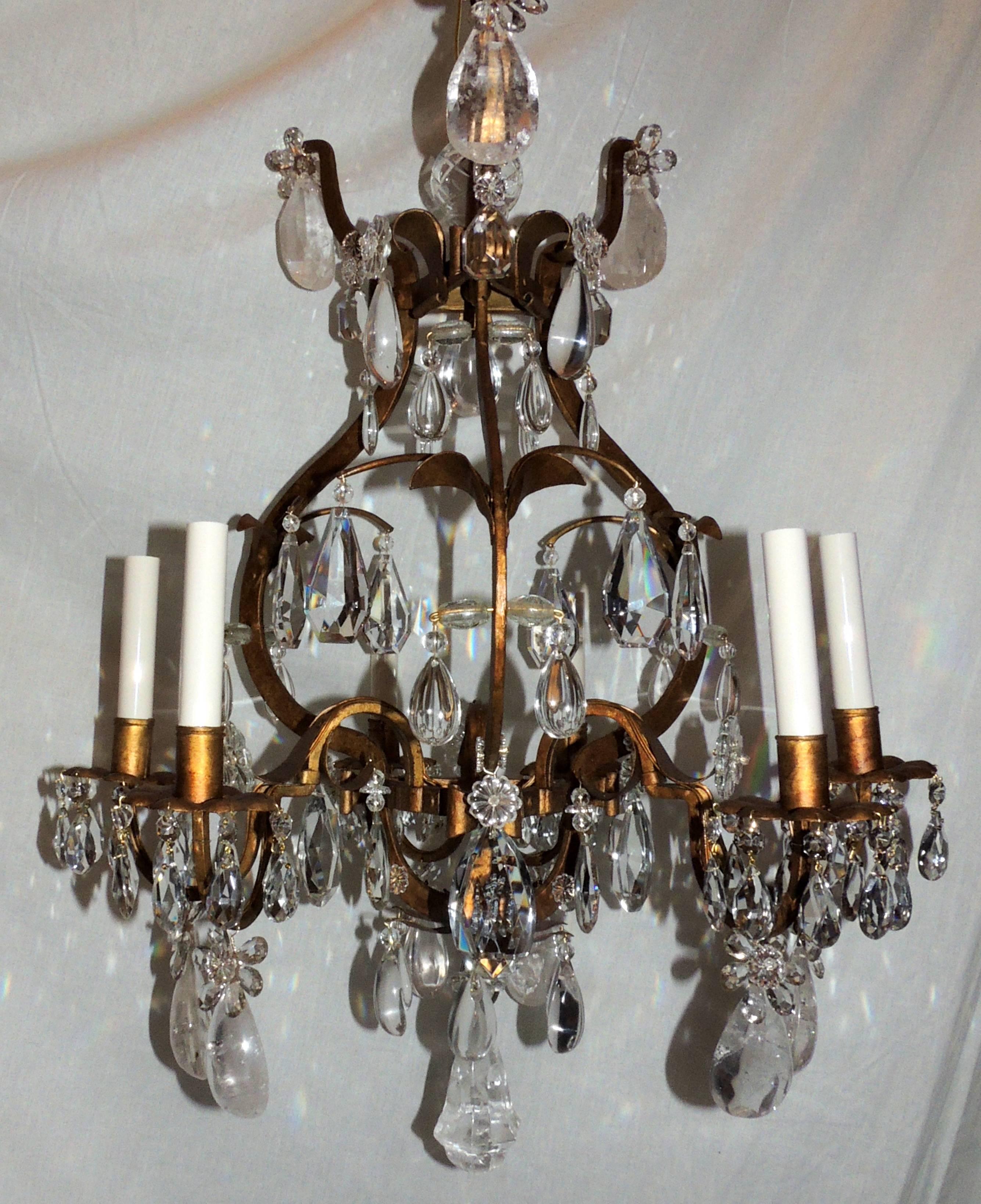 Baguès Gold Gilt Rock Crystal Chandelier Mid-Century Modern Light Flower Fixture In Good Condition For Sale In Roslyn, NY