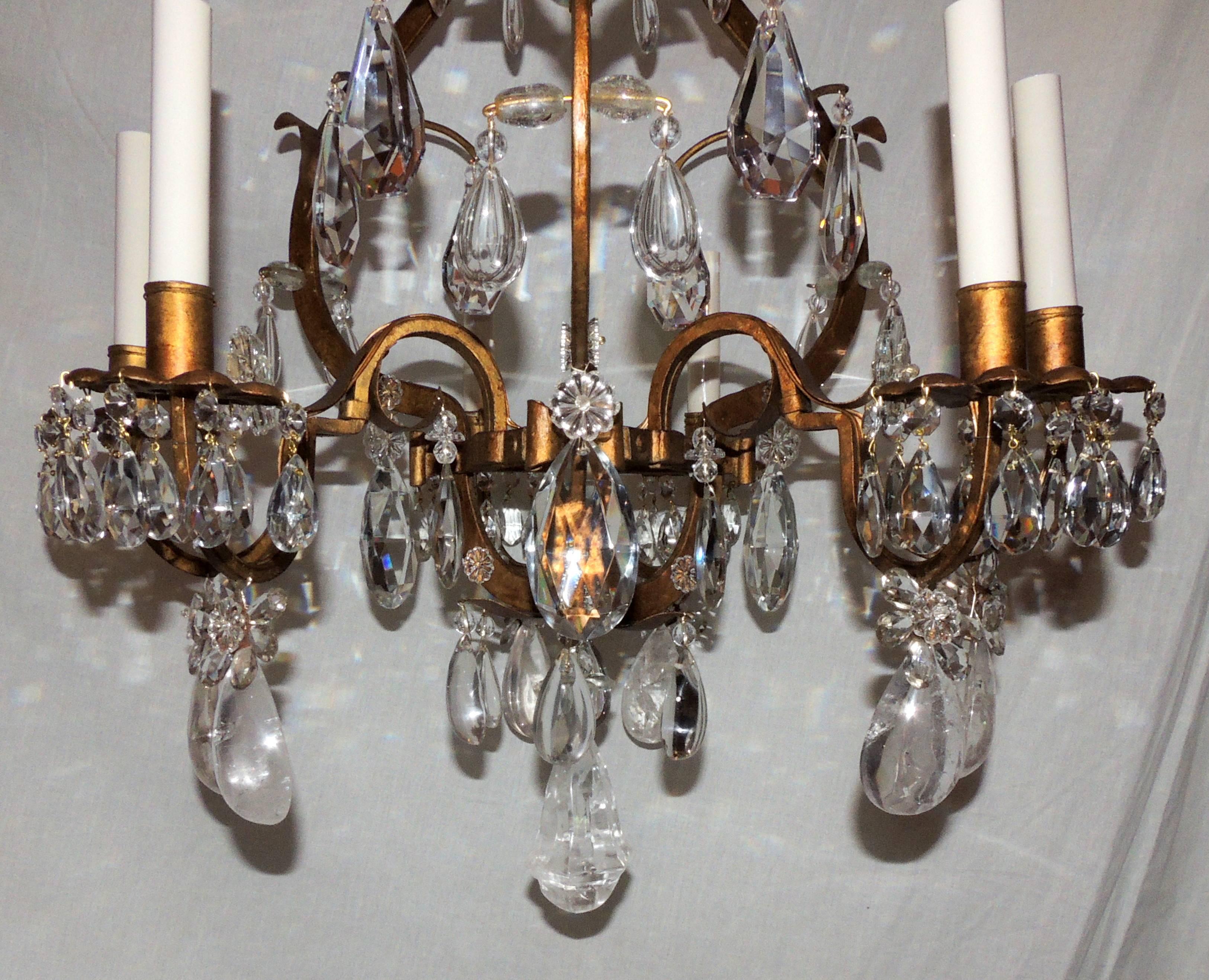 Mid-20th Century Baguès Gold Gilt Rock Crystal Chandelier Mid-Century Modern Light Flower Fixture For Sale