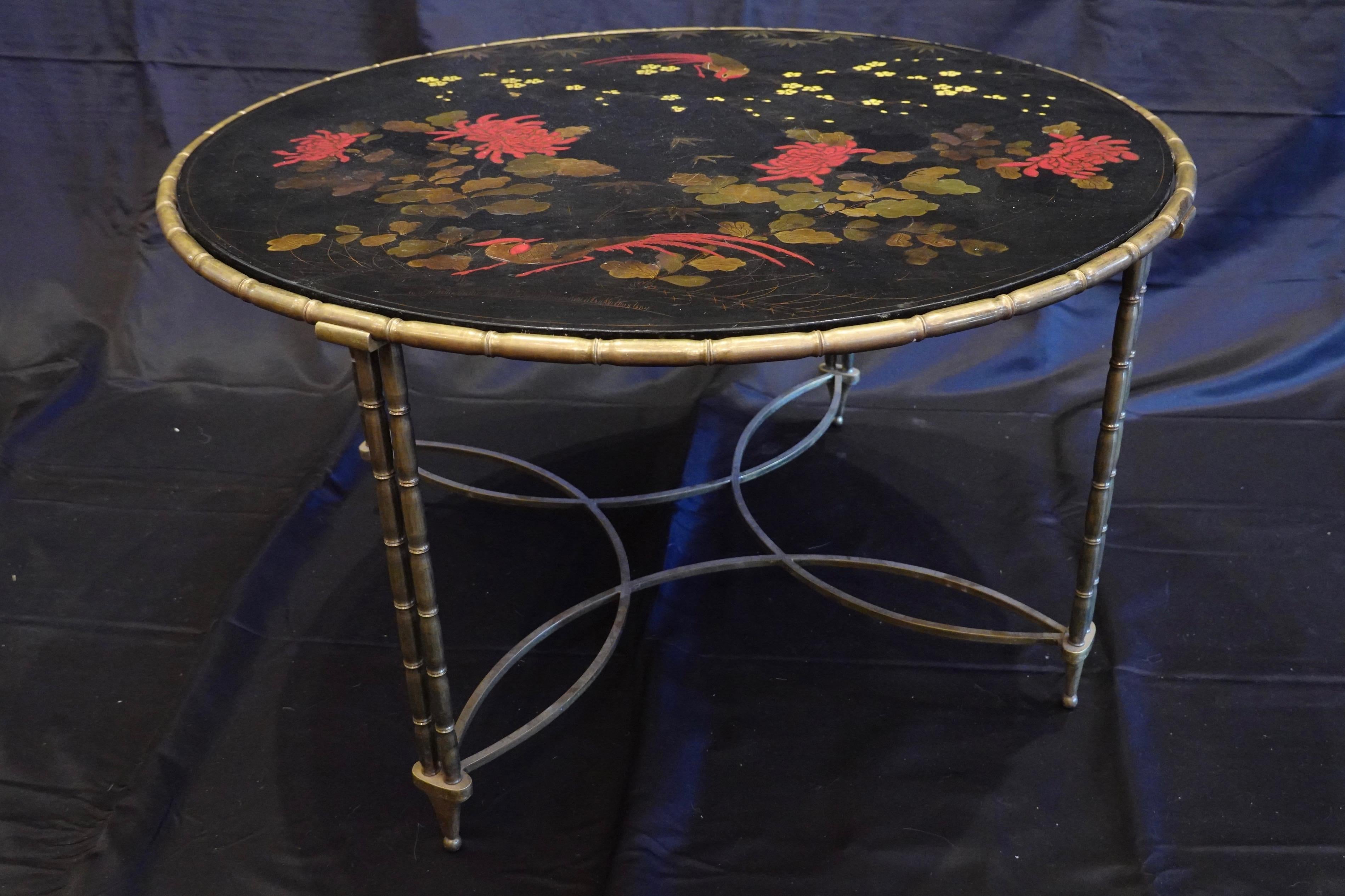 Chinoiserie Baguès Japanned Top Cocktail Table with Birds and Peonies