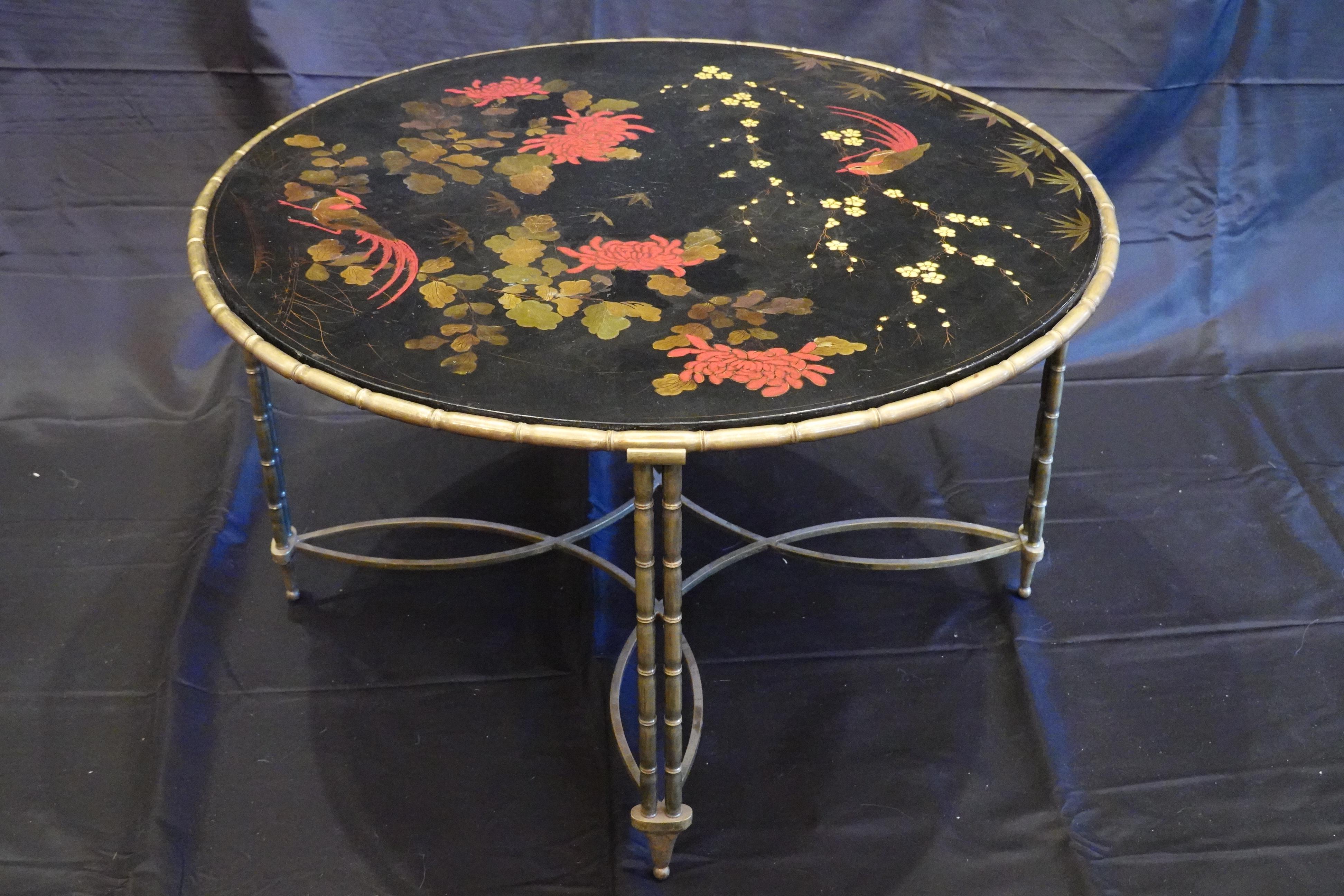 French Baguès Japanned Top Cocktail Table with Birds and Peonies