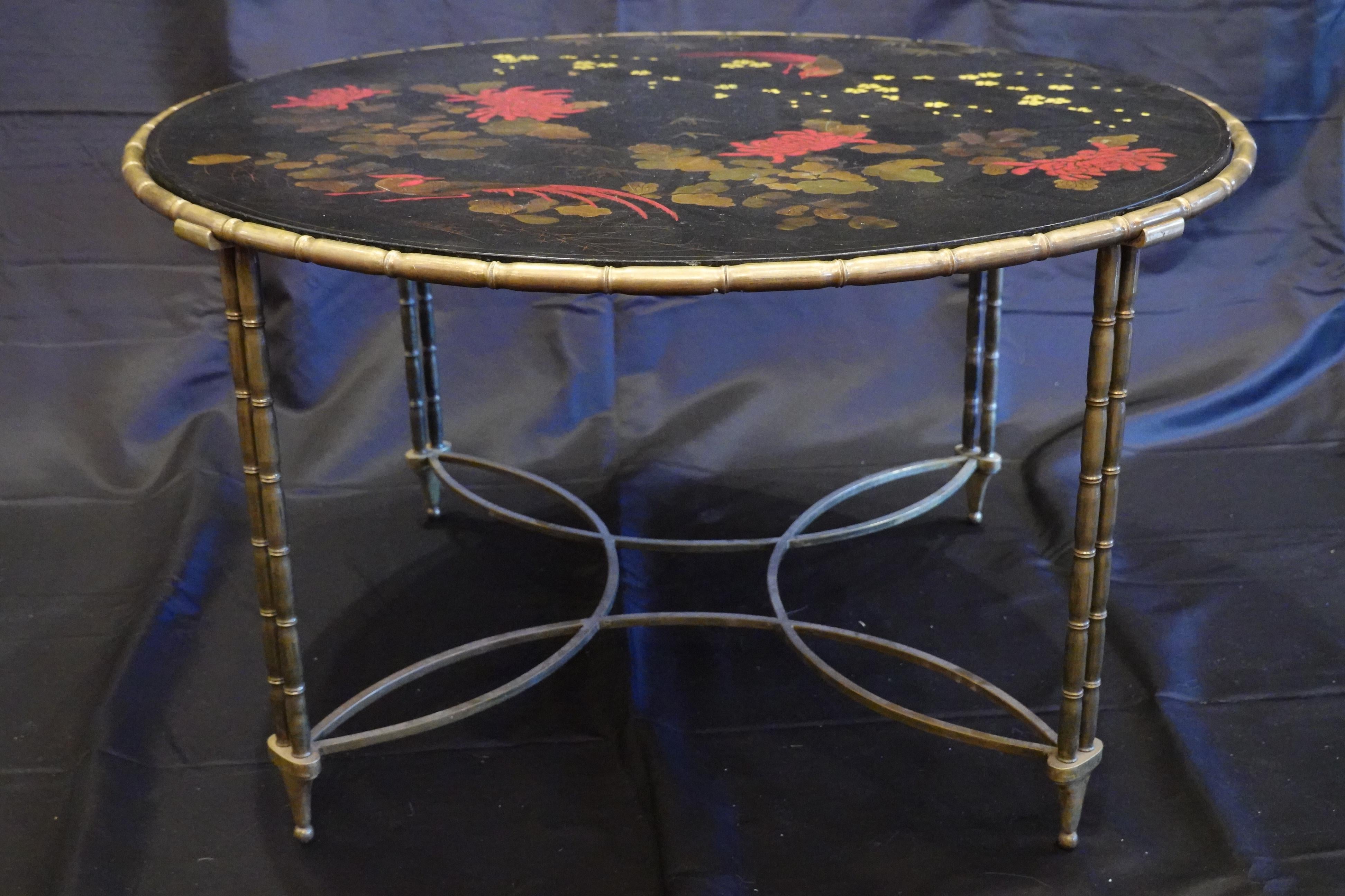 Lacquered Baguès Japanned Top Cocktail Table with Birds and Peonies