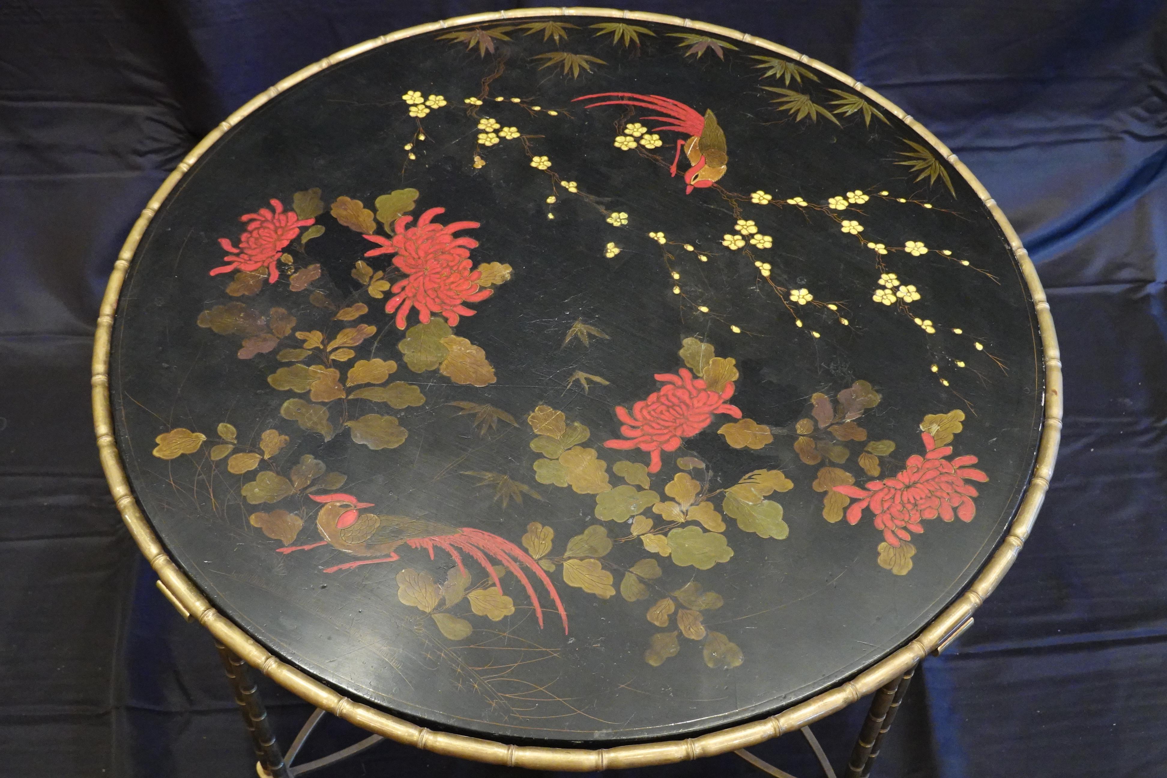 Baguès Japanned Top Cocktail Table with Birds and Peonies In Good Condition In Pembroke, MA