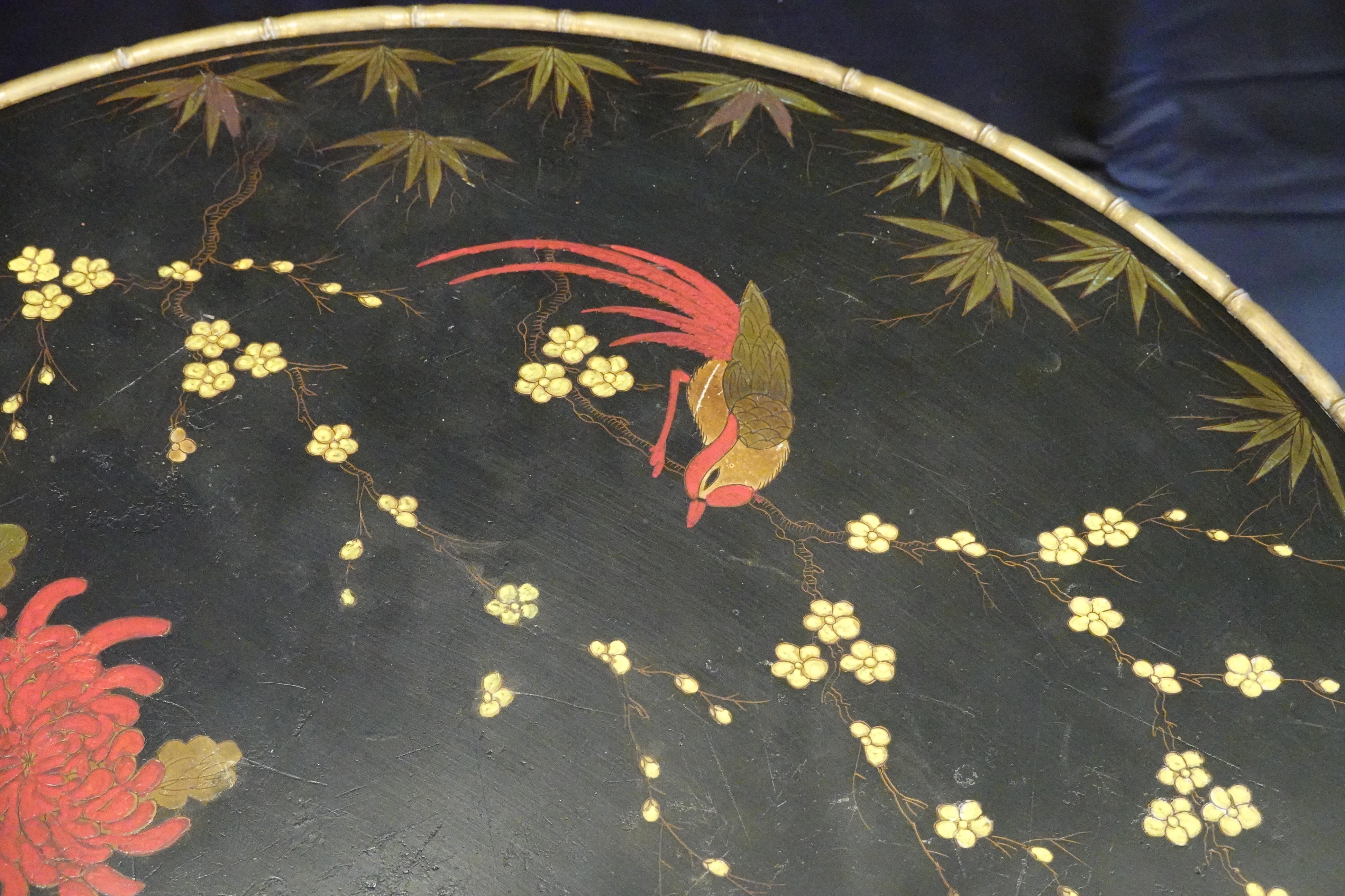 20th Century Baguès Japanned Top Cocktail Table with Birds and Peonies