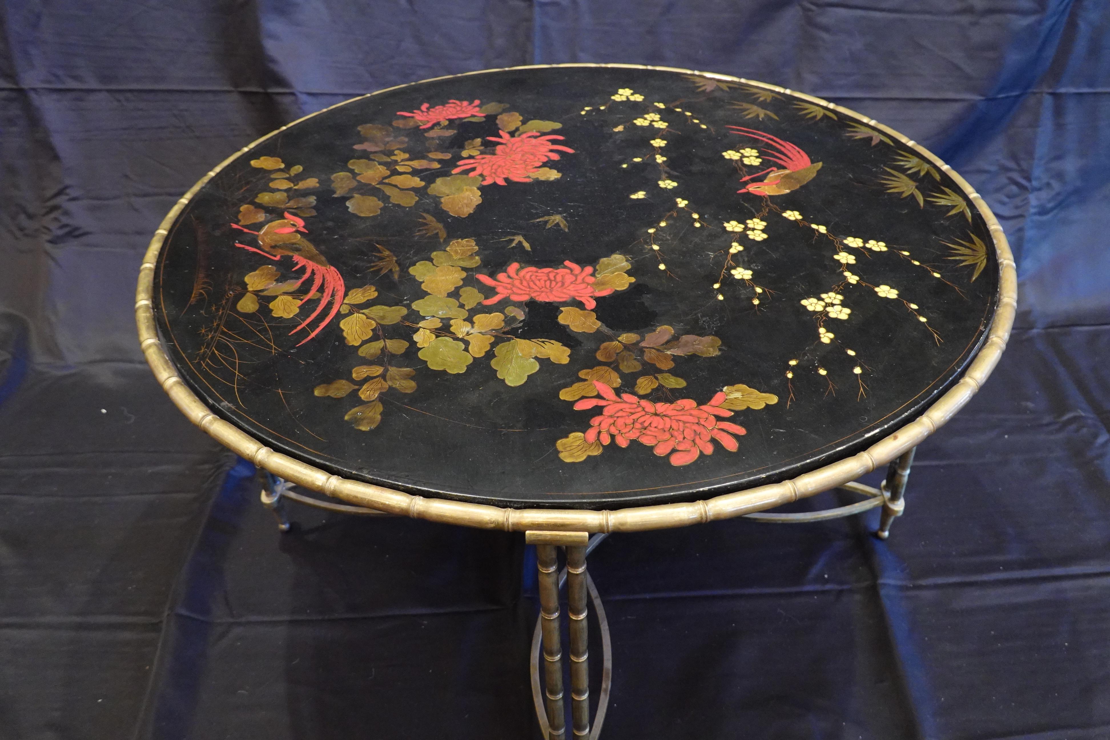 Wood Baguès Japanned Top Cocktail Table with Birds and Peonies