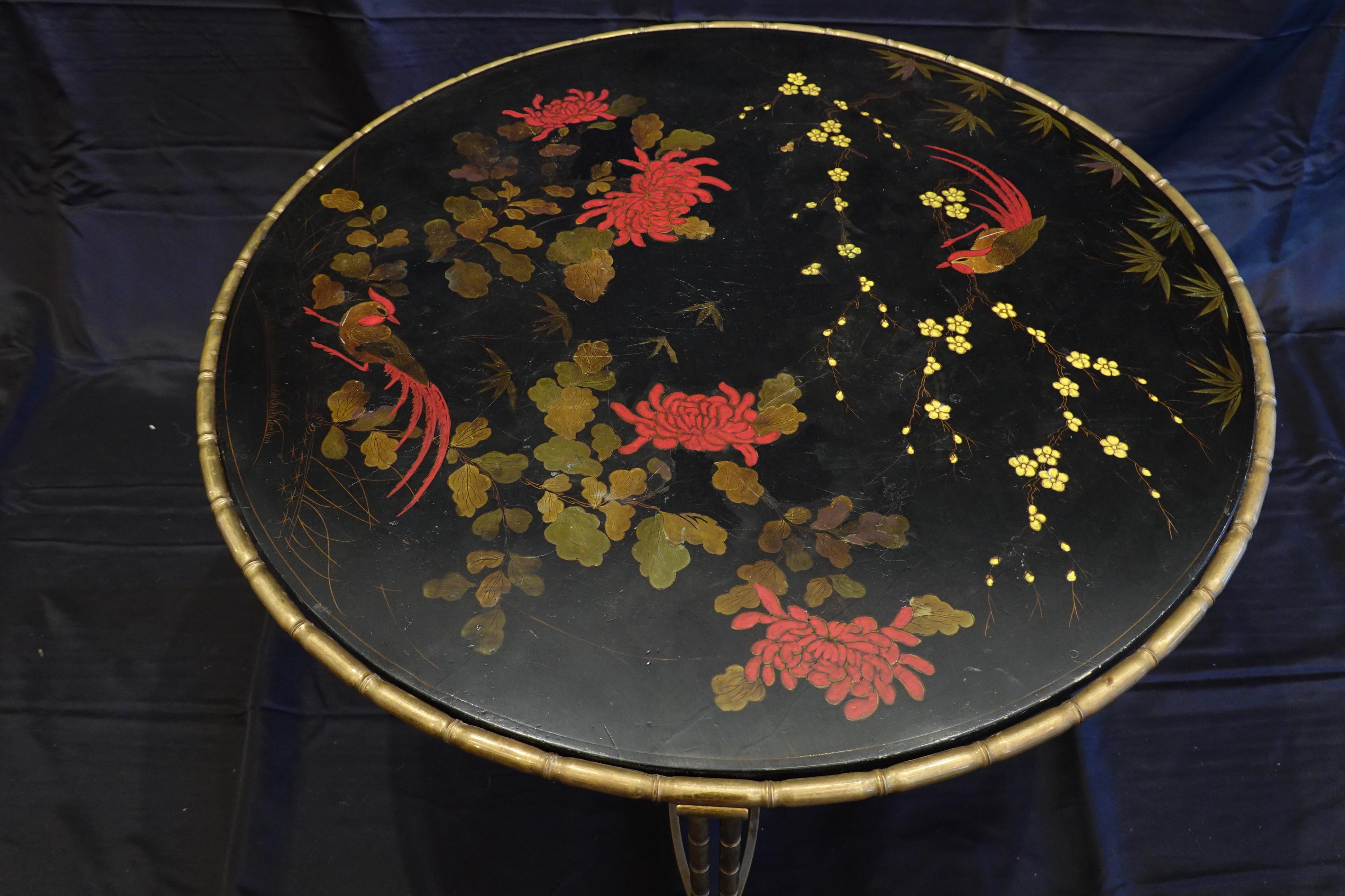 Baguès Japanned Top Cocktail Table with Birds and Peonies 1