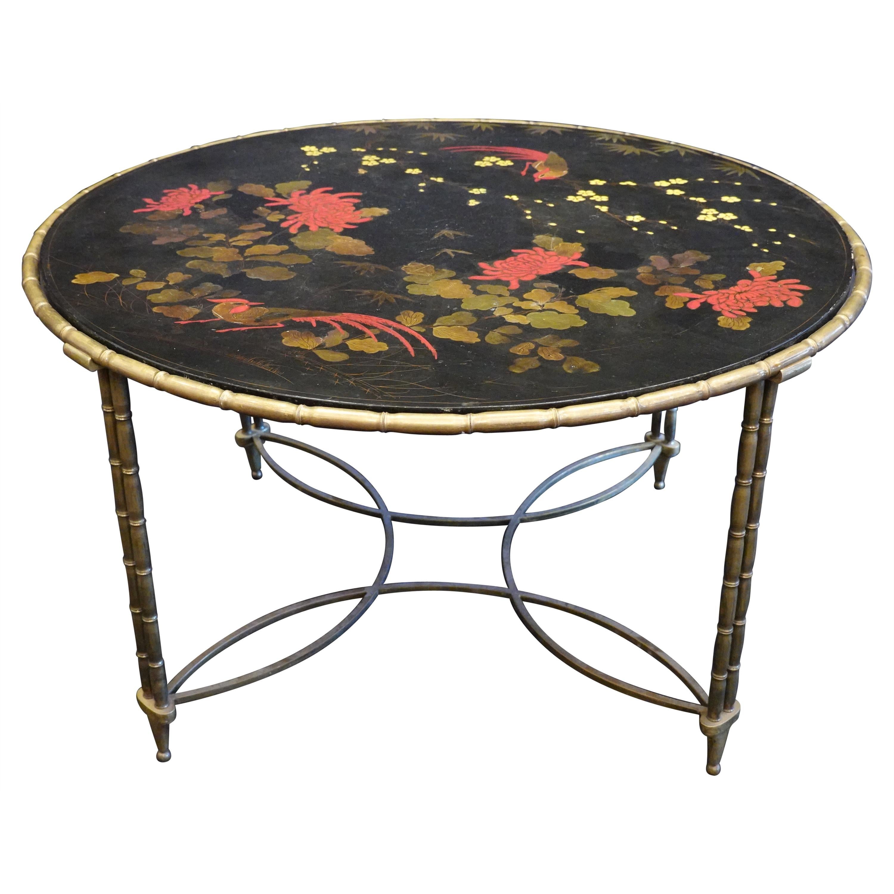 Baguès Japanned Top Cocktail Table with Birds and Peonies