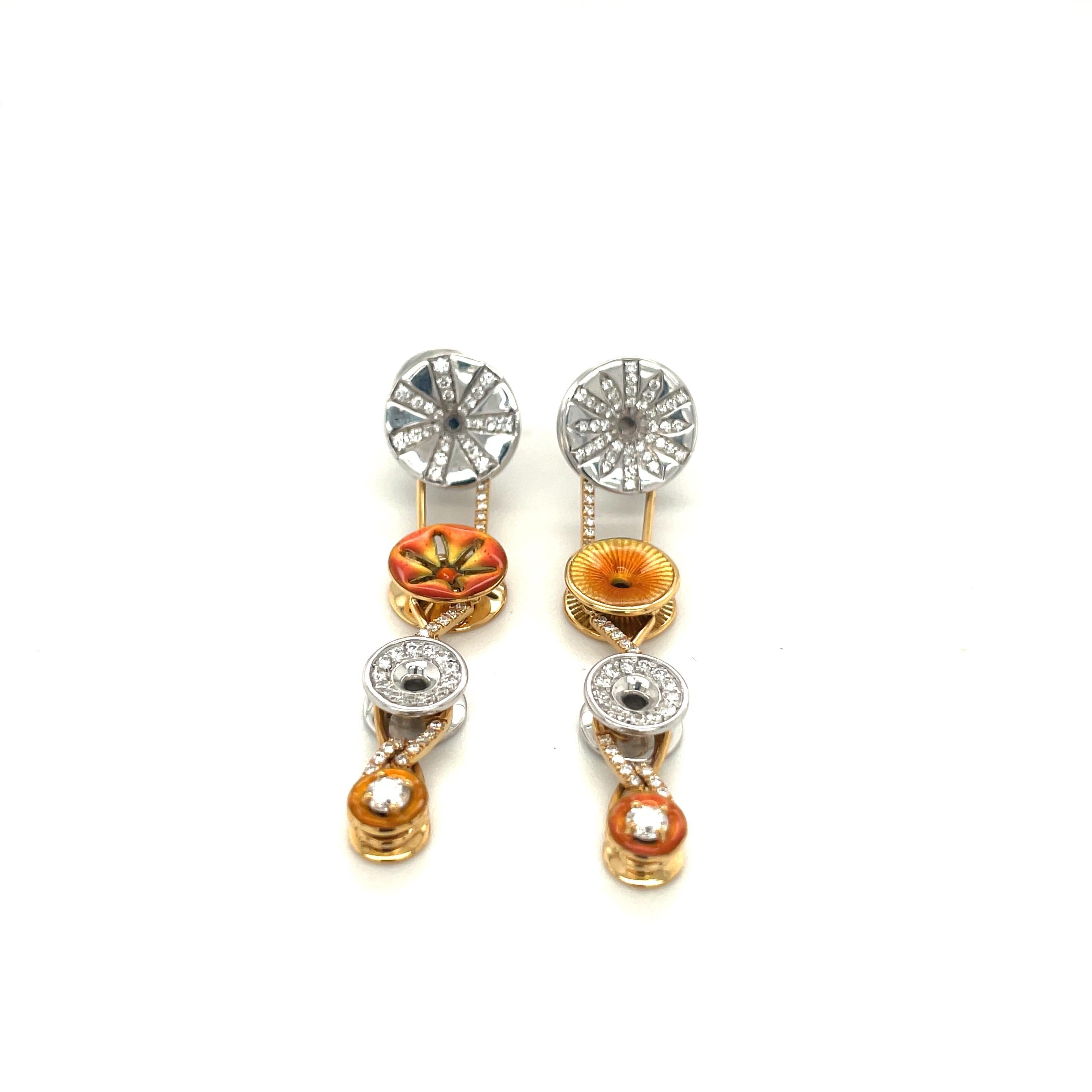 Round Cut Bagues Masriera 18KT Yellow & White Gold 0.93Ct Diamond and Enamel Earrings