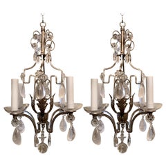Baguès Pair French Silver Gilt Rock Crystal Beaded Petite Four-Arm Chandeliers