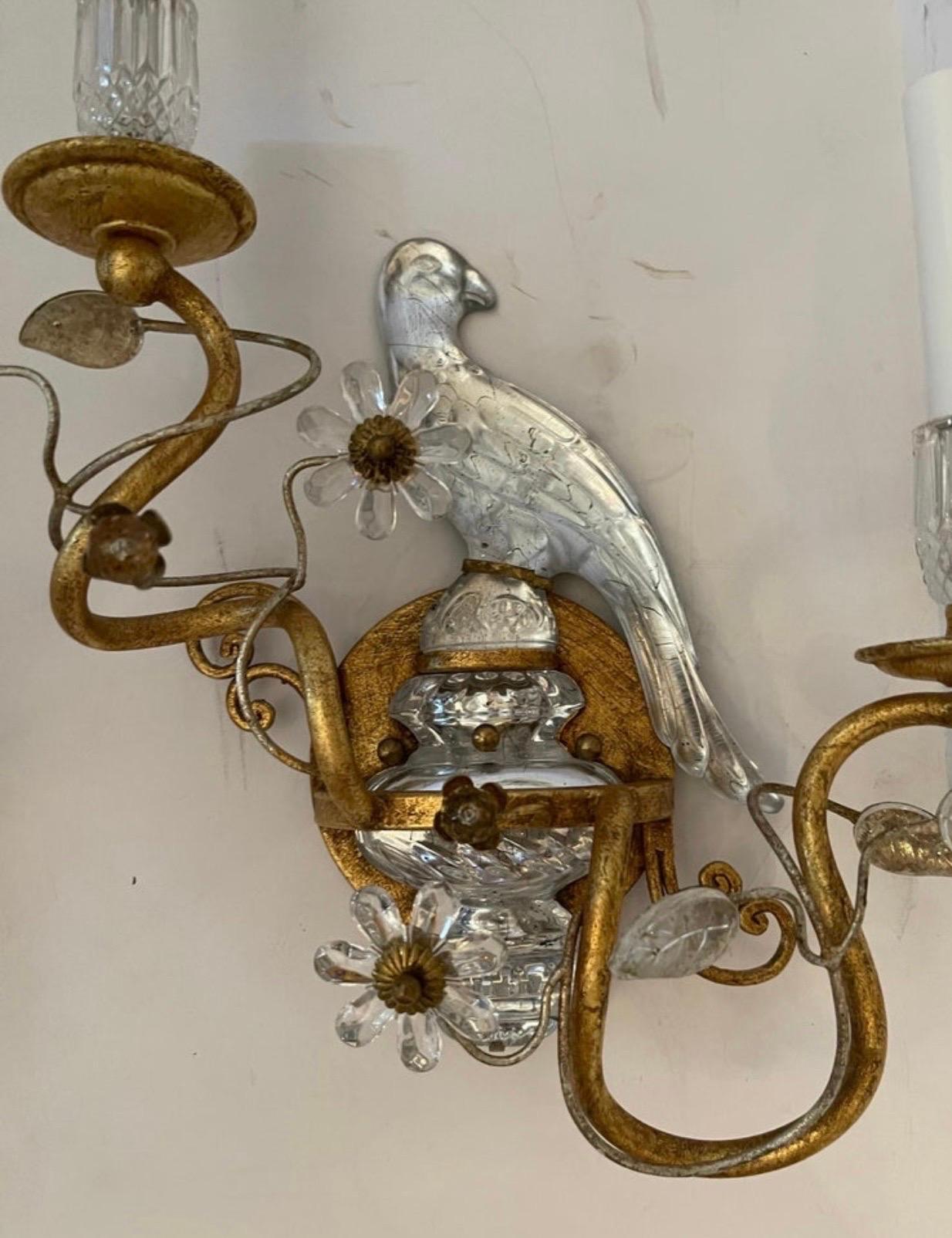 20th Century Bagues Sherle Wagner Pair Faux Rock Crystal Glass Bird Urn Gold Gilt Sconces