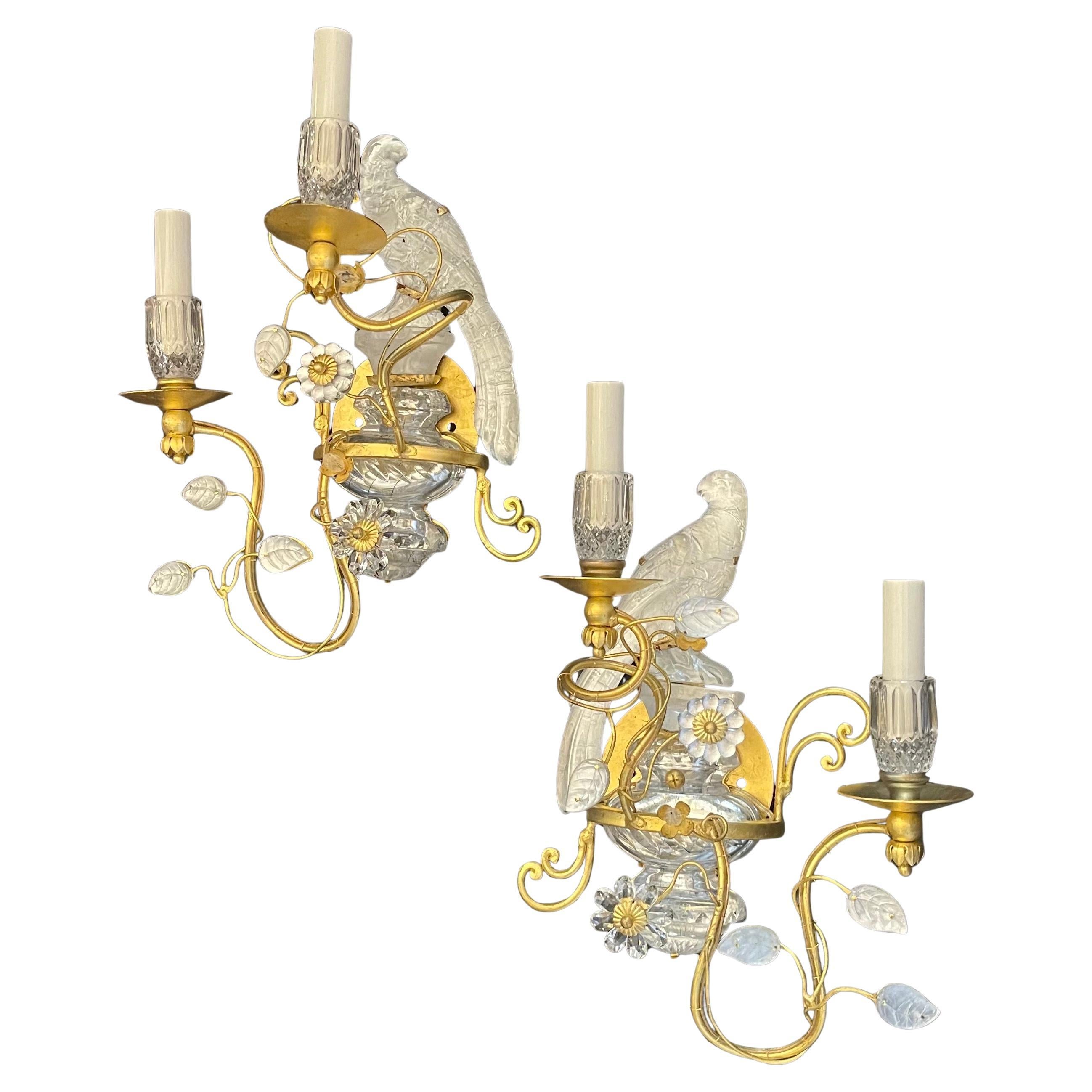 Bagues Sherle Wagner Set Four Faux Rock Crystal Glass Bird Urn Gold Leaf Sconces