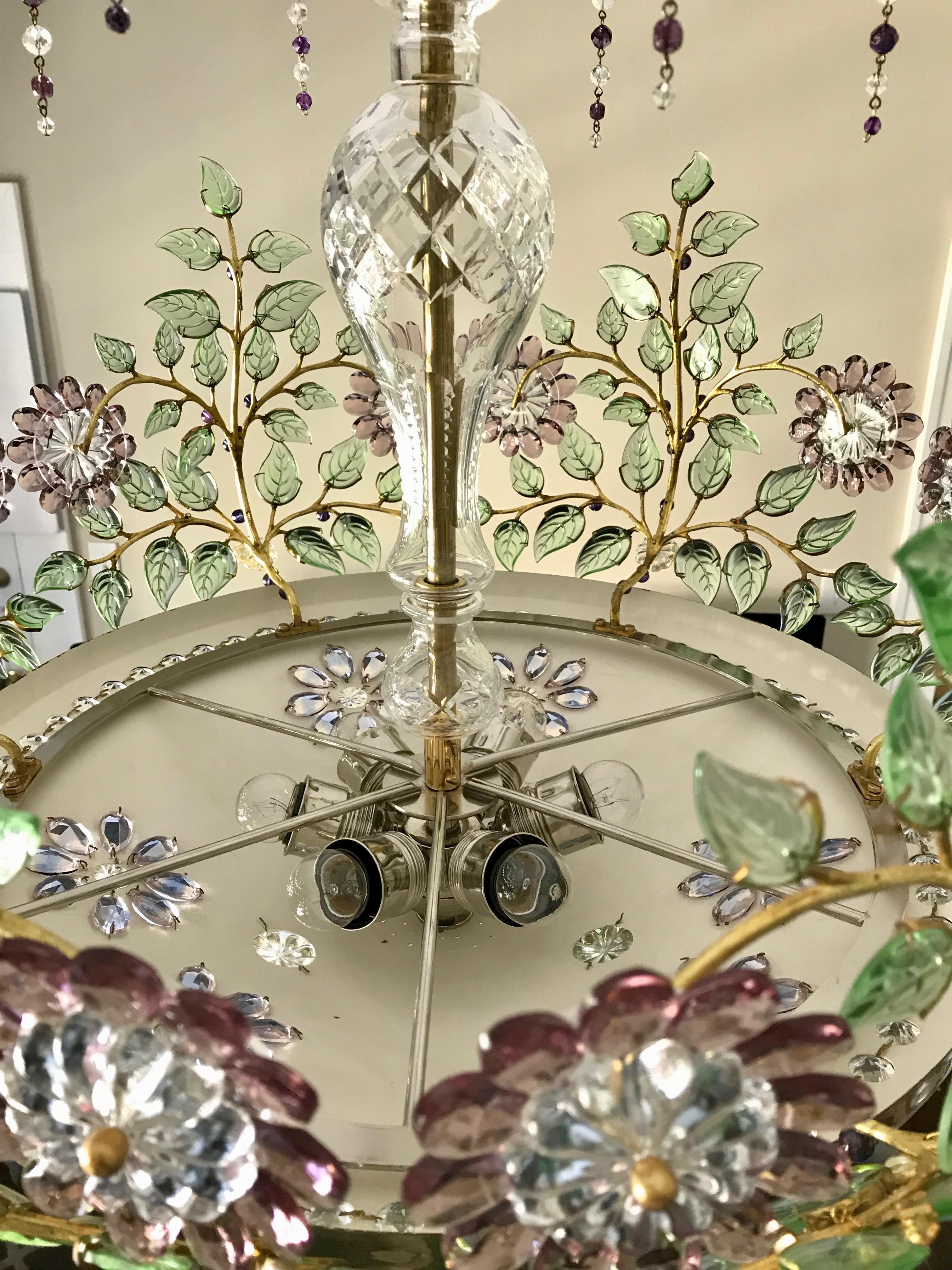 Baguès Style Chandelier with Scrolling Leaf Branches and Amethyst Glass Flowers For Sale 4