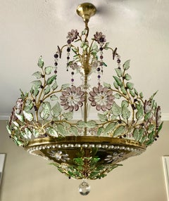 Baguès Style Chandelier with Scrolling Leaf Branches and Amethyst Glass Flowers