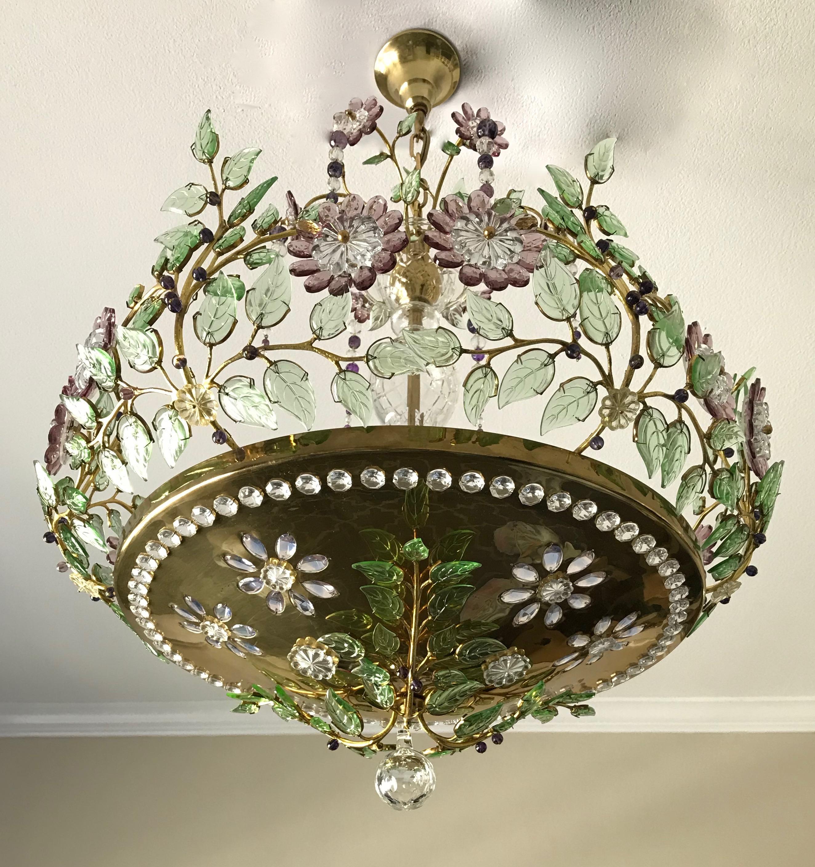 German Baguès Style Chandelier with Scrolling Leaf Branches and Amethyst Glass Flowers For Sale