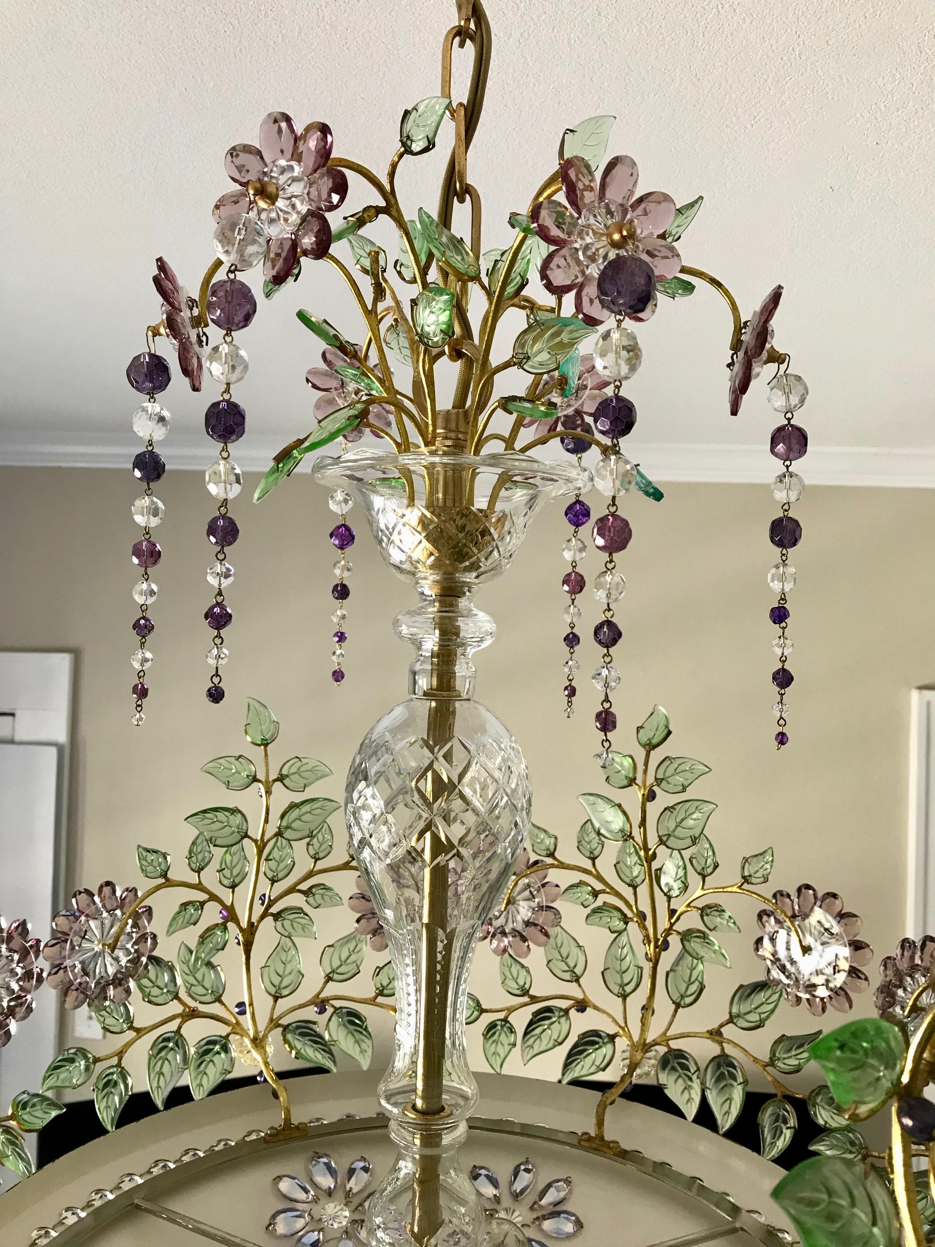 Baguès Style Chandelier with Scrolling Leaf Branches and Amethyst Glass Flowers In Good Condition For Sale In Dallas, TX