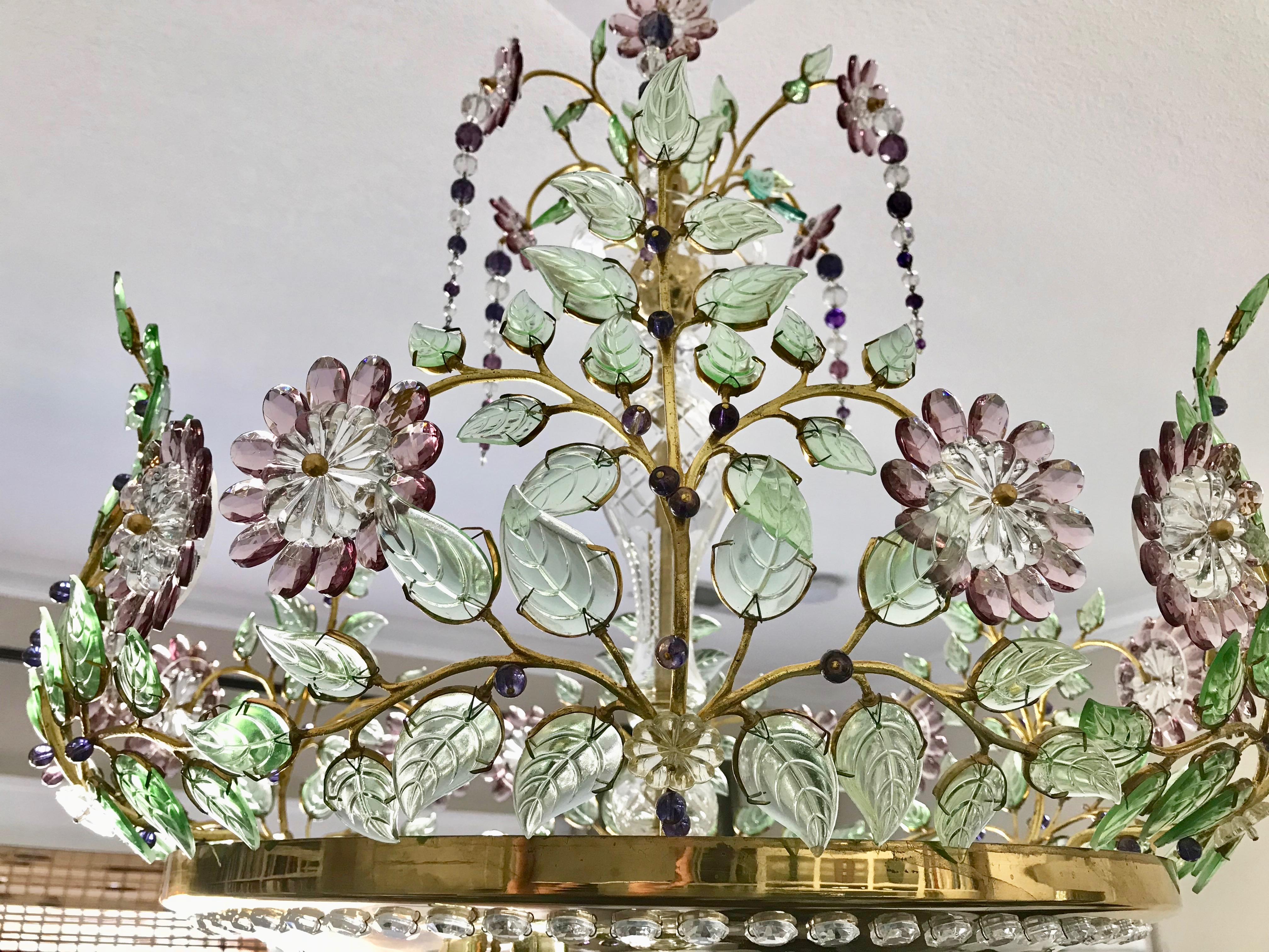 20th Century Baguès Style Chandelier with Scrolling Leaf Branches and Amethyst Glass Flowers For Sale