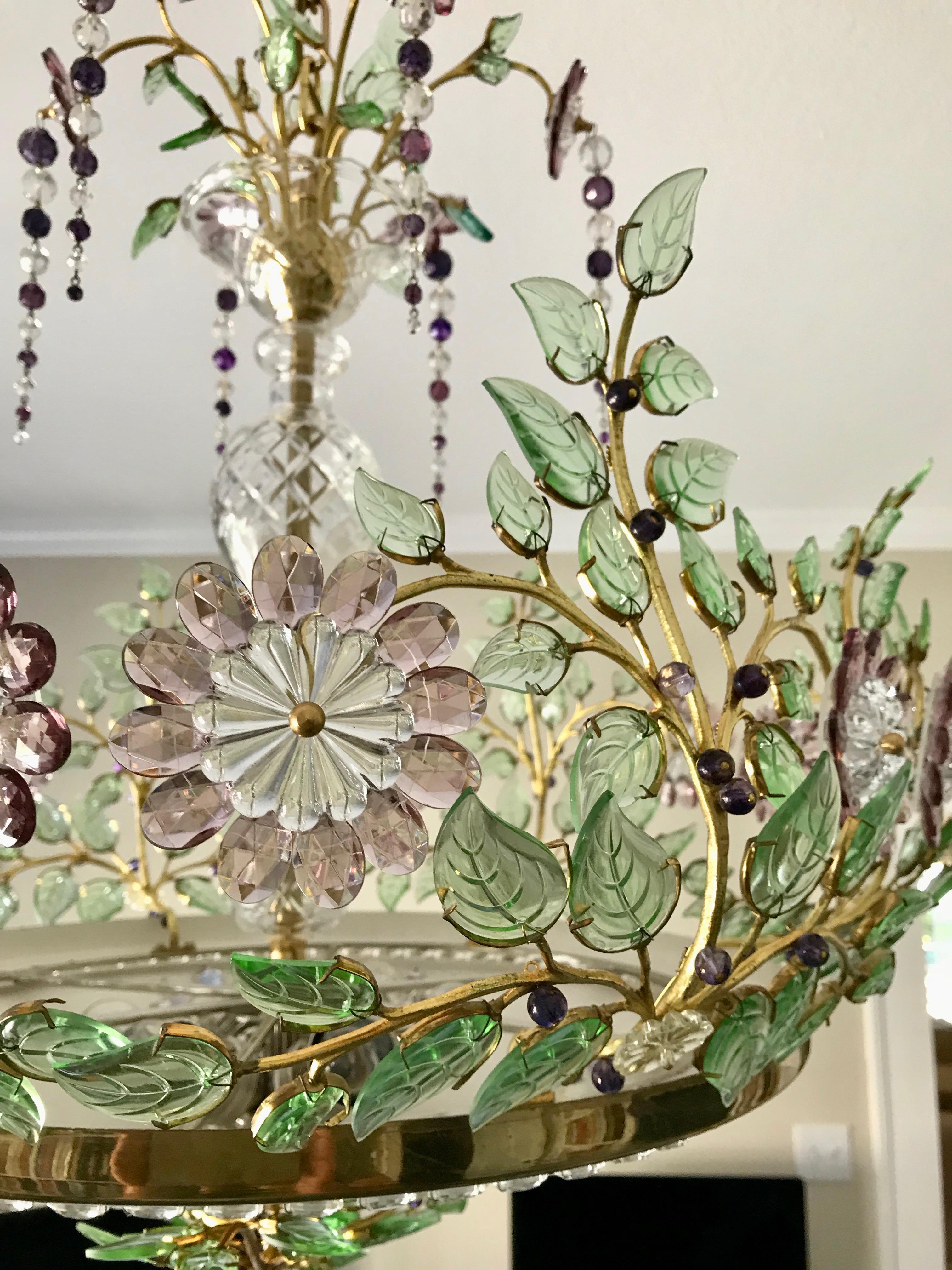 Metal Baguès Style Chandelier with Scrolling Leaf Branches and Amethyst Glass Flowers For Sale