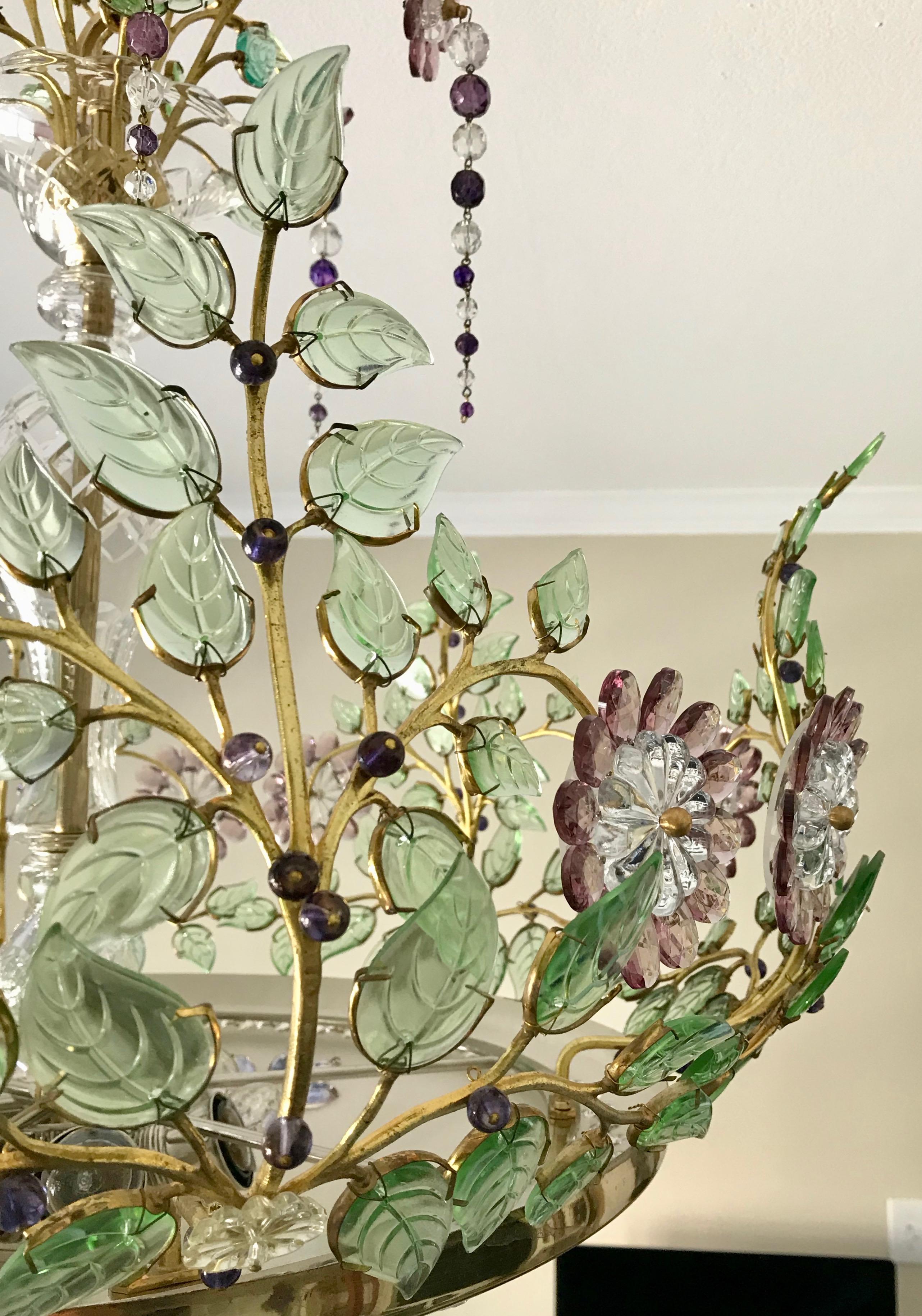 Baguès Style Chandelier with Scrolling Leaf Branches and Amethyst Glass Flowers For Sale 1