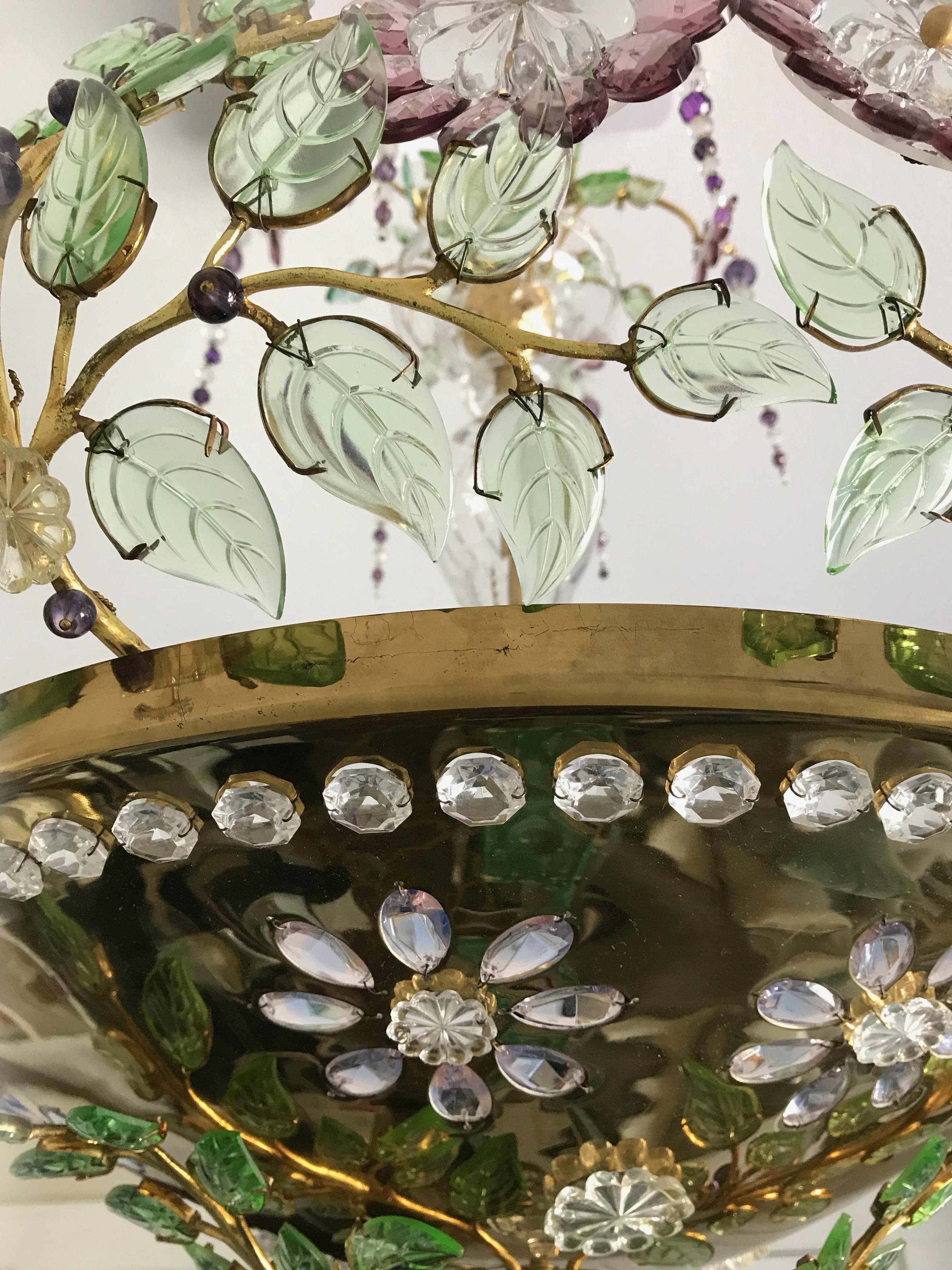 Baguès Style Chandelier with Scrolling Leaf Branches and Amethyst Glass Flowers For Sale 2
