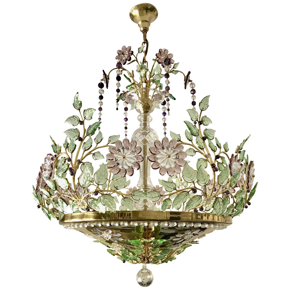 Baguès Style Chandelier with Scrolling Leaf Branches and Amethyst Glass Flowers For Sale
