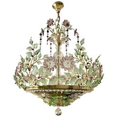Baguès Style Chandelier with Scrolling Leaf Branches and Amethyst Glass Flowers