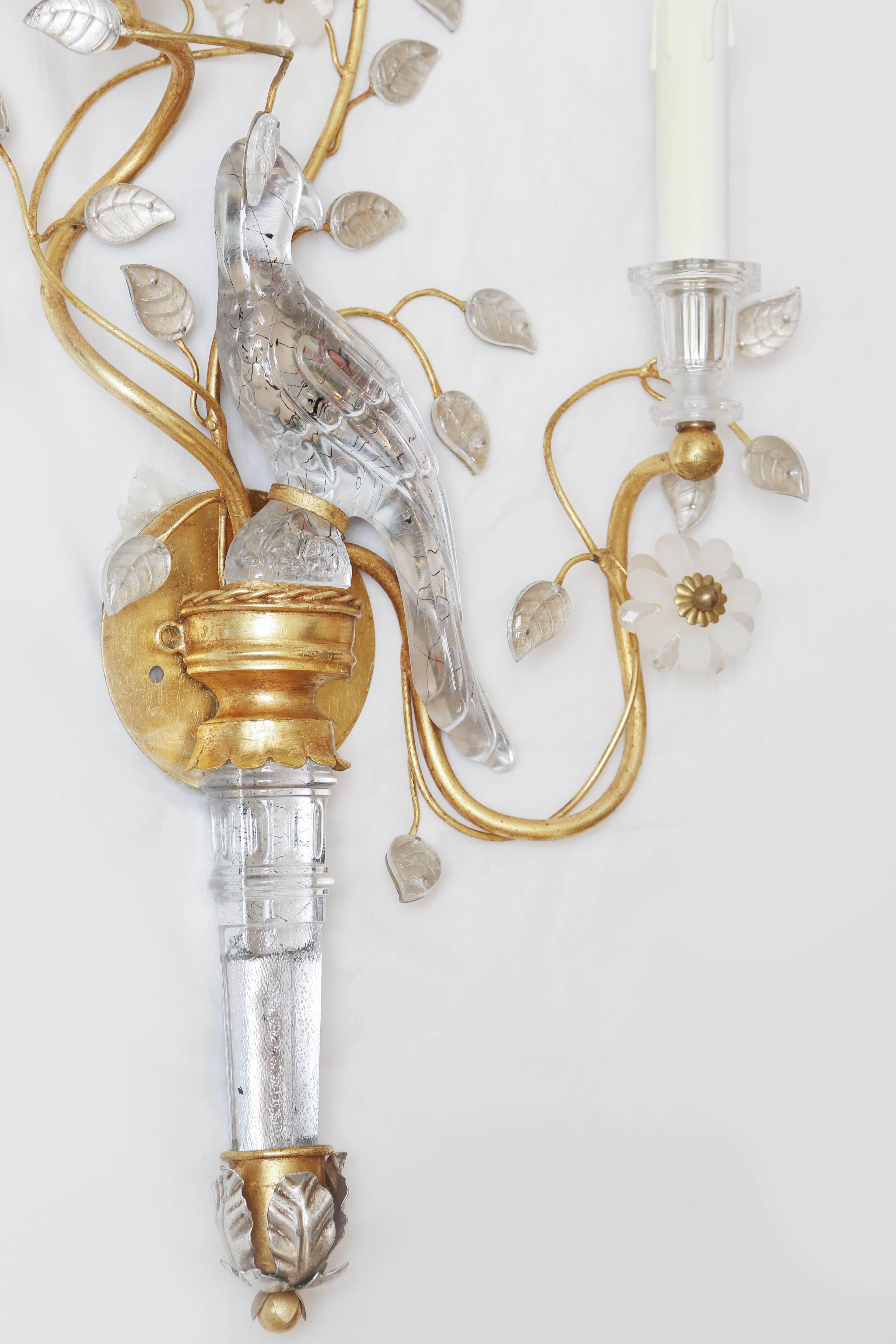 Baguès Style Crystal Bird Sconces In Excellent Condition In West Palm Beach, FL