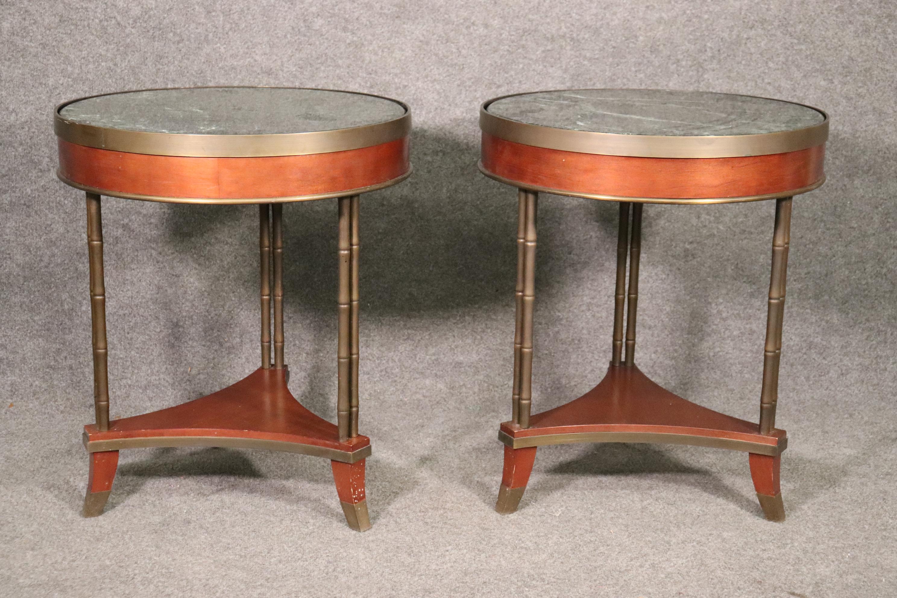Louis XVI Bagues Style French Marble Top Pair of Gueridons End Tables, Circa 1960