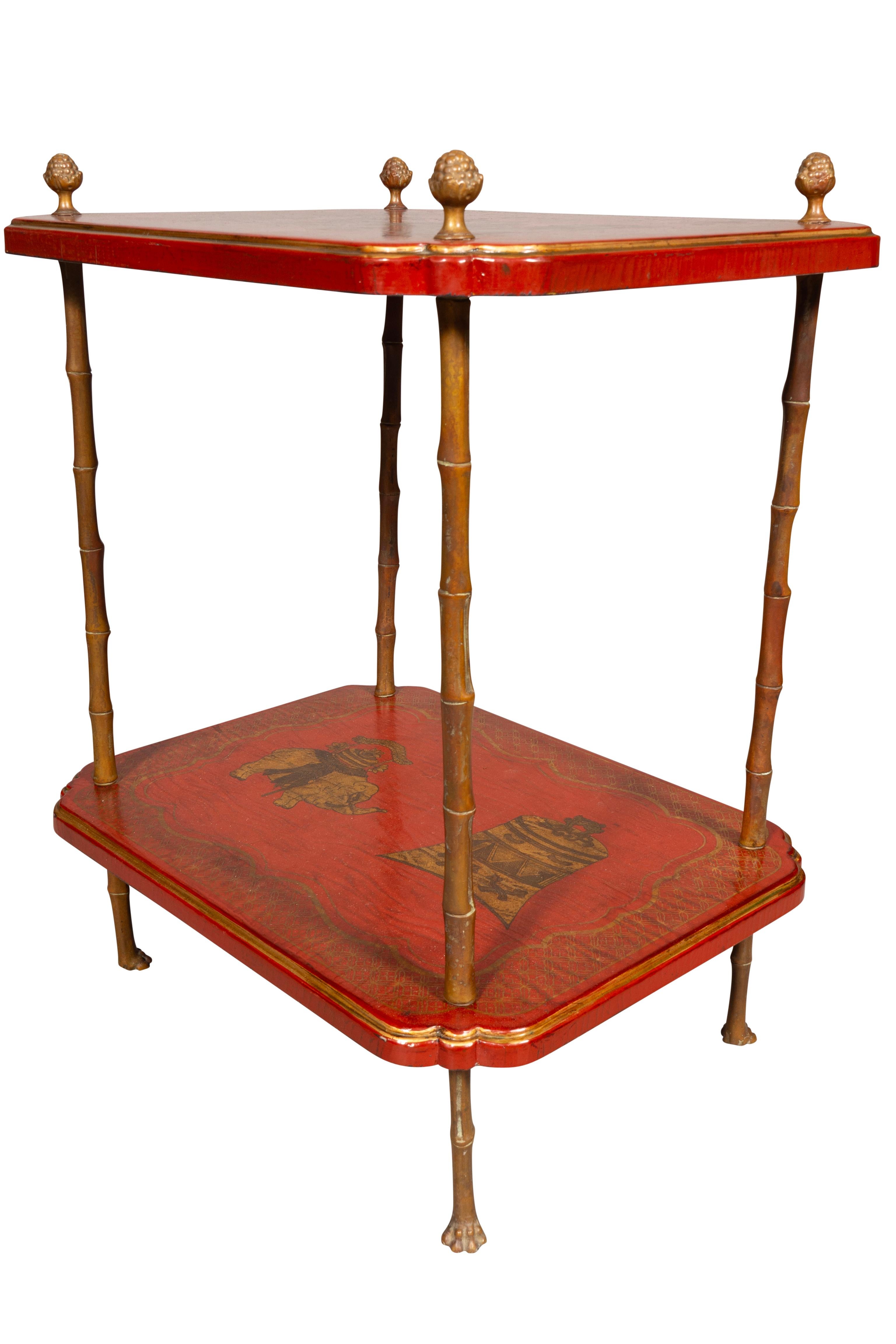 European Bagues Style Red Japanned Two Tier Table For Sale