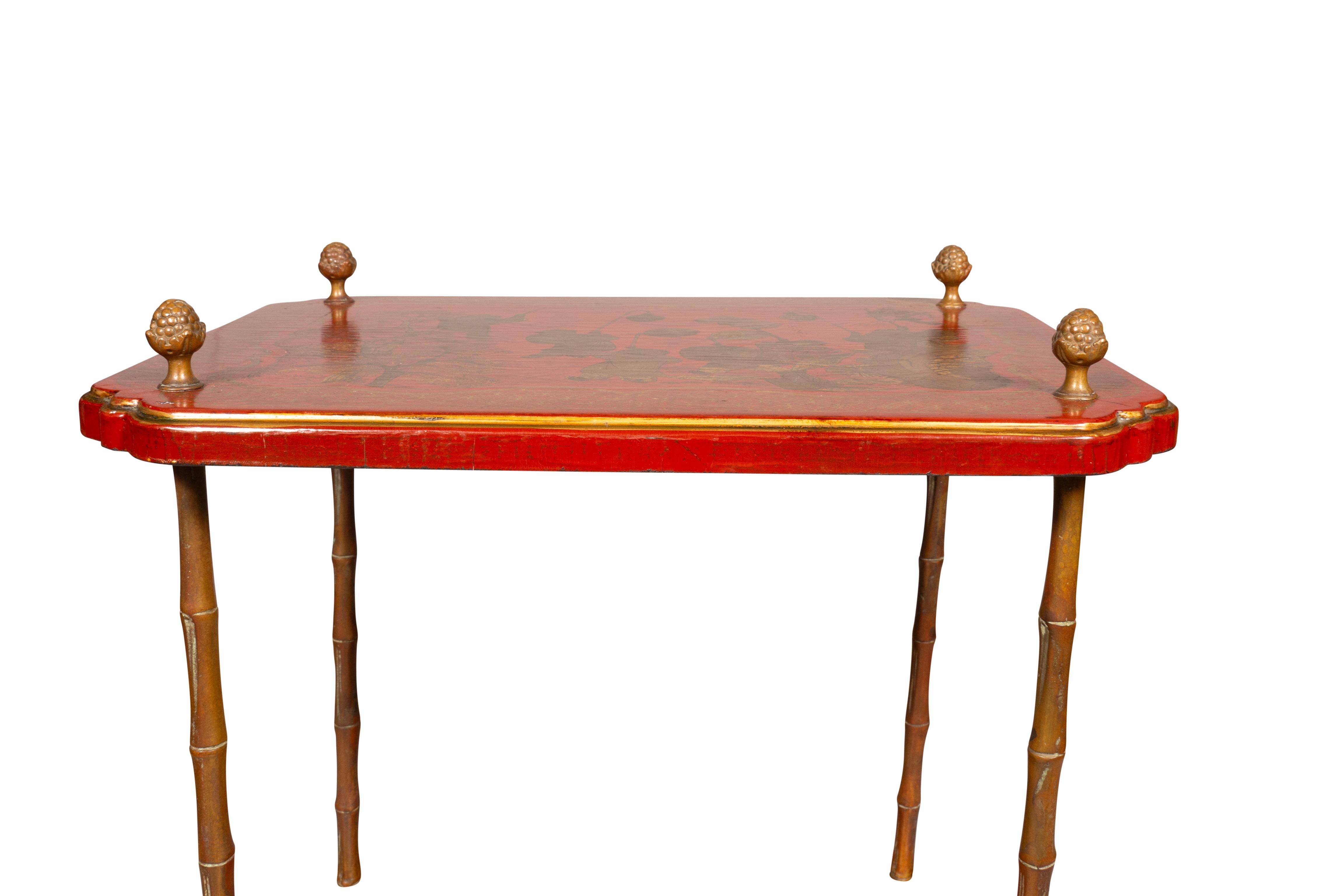 Hand-Painted Bagues Style Red Japanned Two Tier Table For Sale
