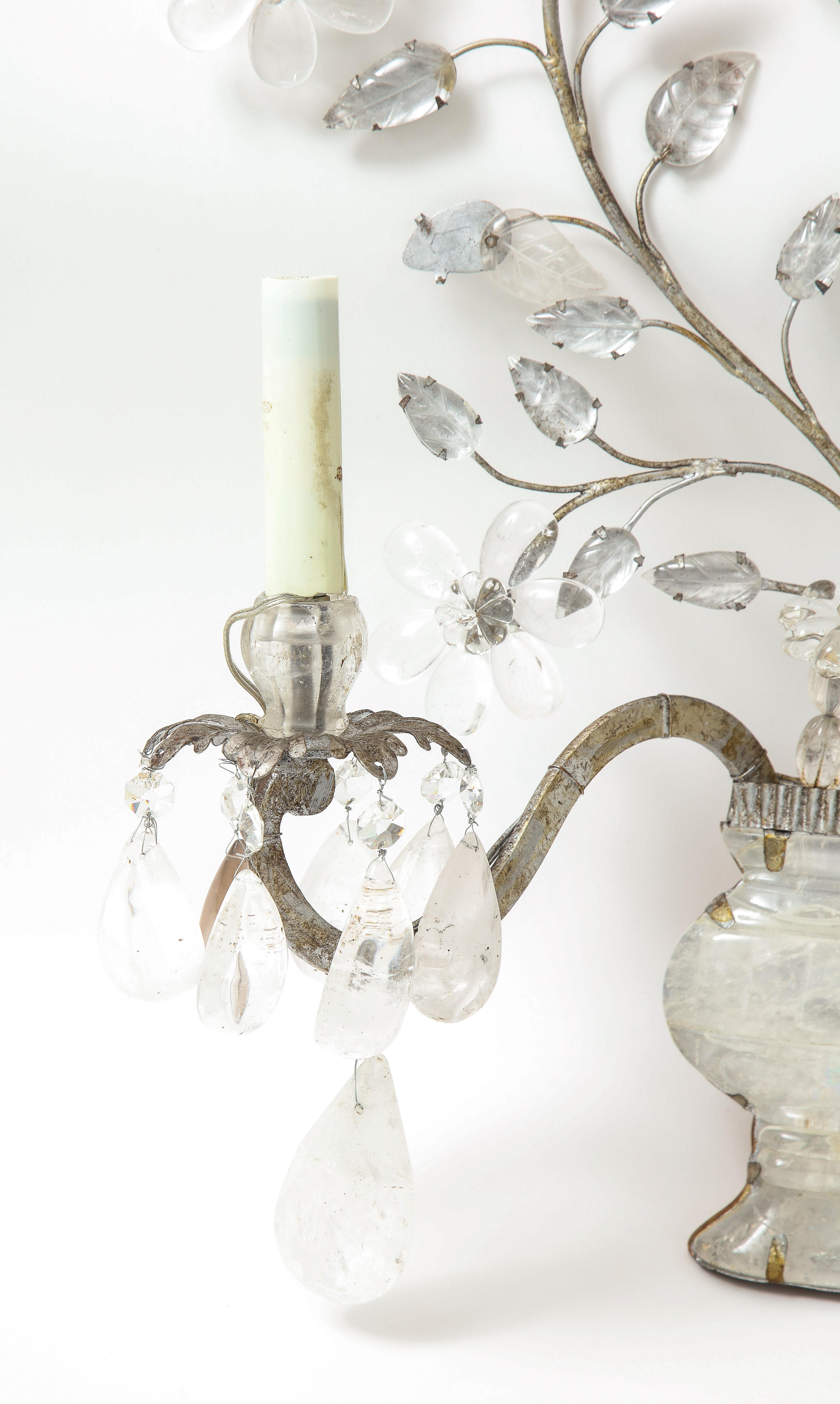 French Bagues Style Rock Crystal Two Arm Sconces with Urn and Foliage Design For Sale