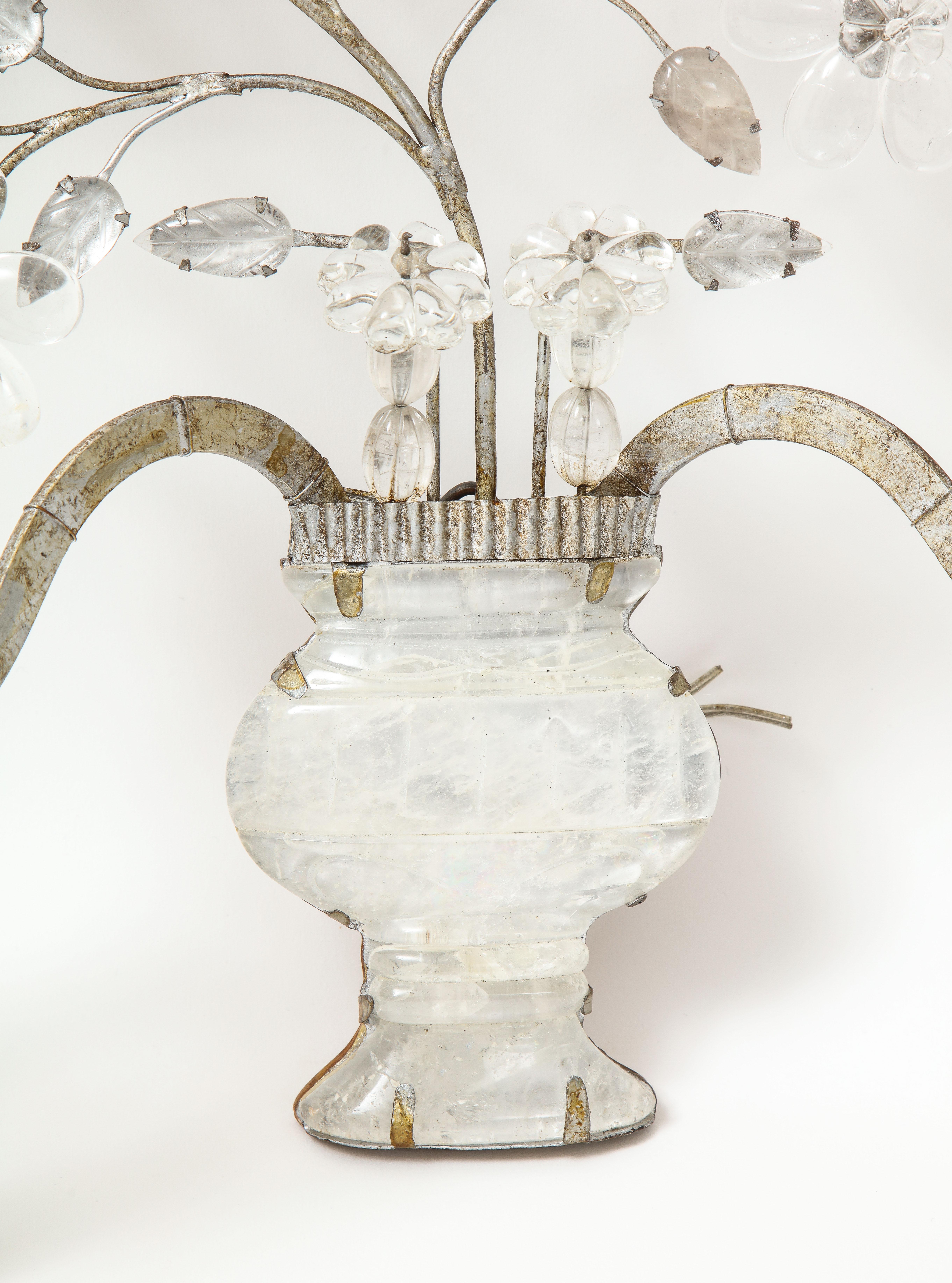 Bagues Style Rock Crystal Two Arm Sconces with Urn and Foliage Design In Good Condition For Sale In New York, NY