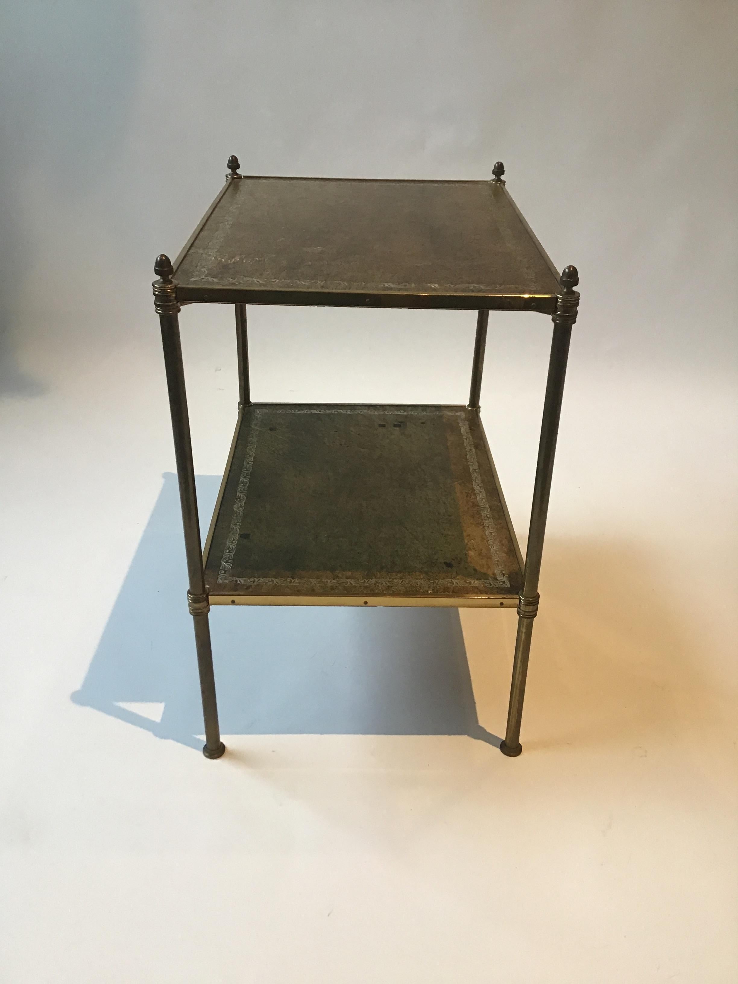 Mid-20th Century Baguès Style Two Tier Leather and Brass Side Table