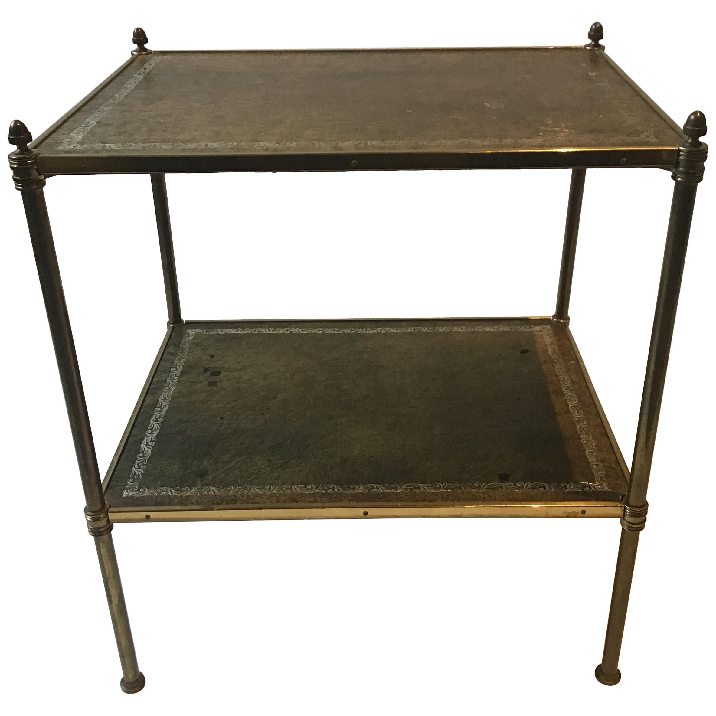 Baguès Style Two Tier Leather and Brass Side Table