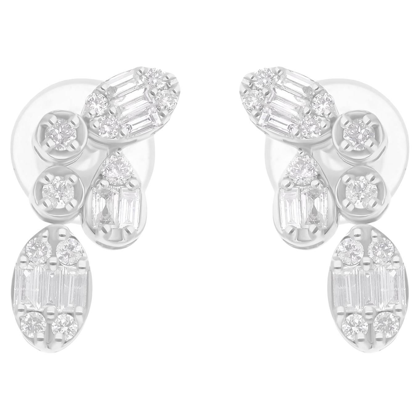 Baguette 0.41ct Diamond Cluster Stud Earrings 18K White Gold Jewelry