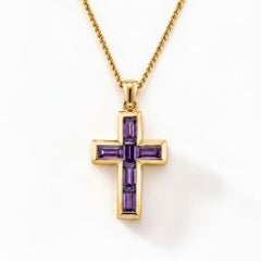 Baguette Amethysts Cross Pendant Silver, gold